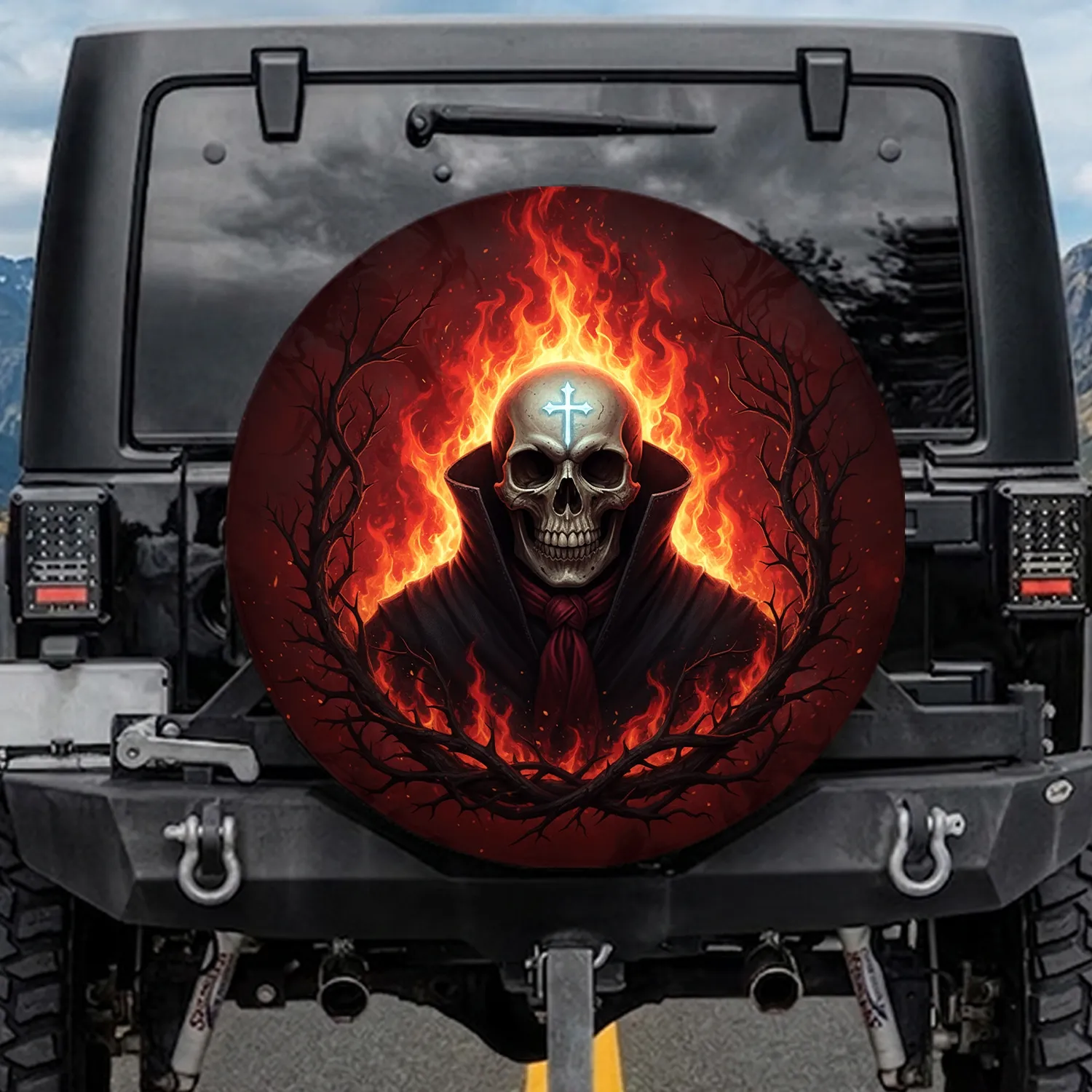 Grim Skull Radiant Cross Flames - Gothic Decor Gift for Fantasy Lover Spare Tire Cover - 1