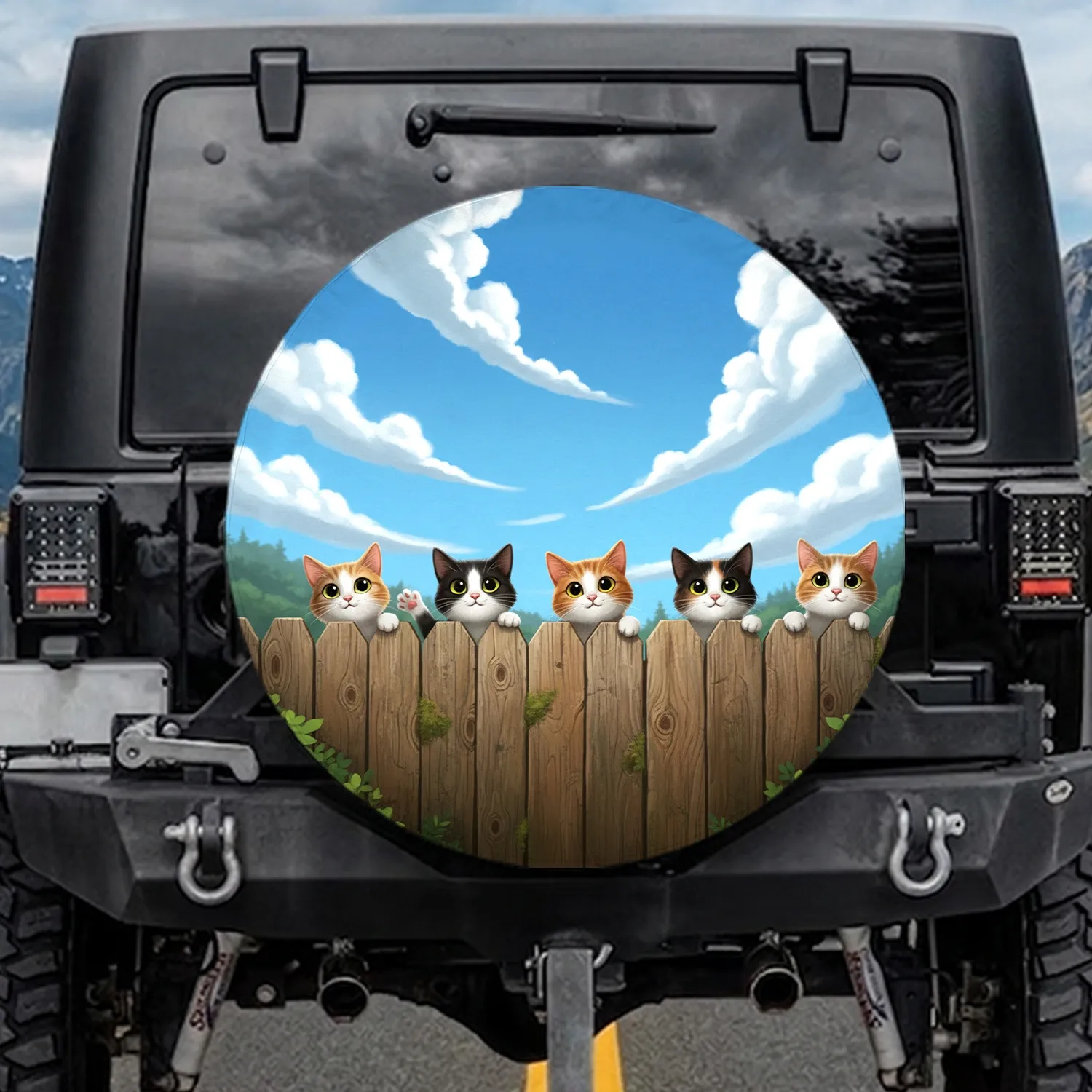 Curious Cats Peeking Wooden Fence - Home Decor Gift for Cat Lover Spare Tire Cover - 1