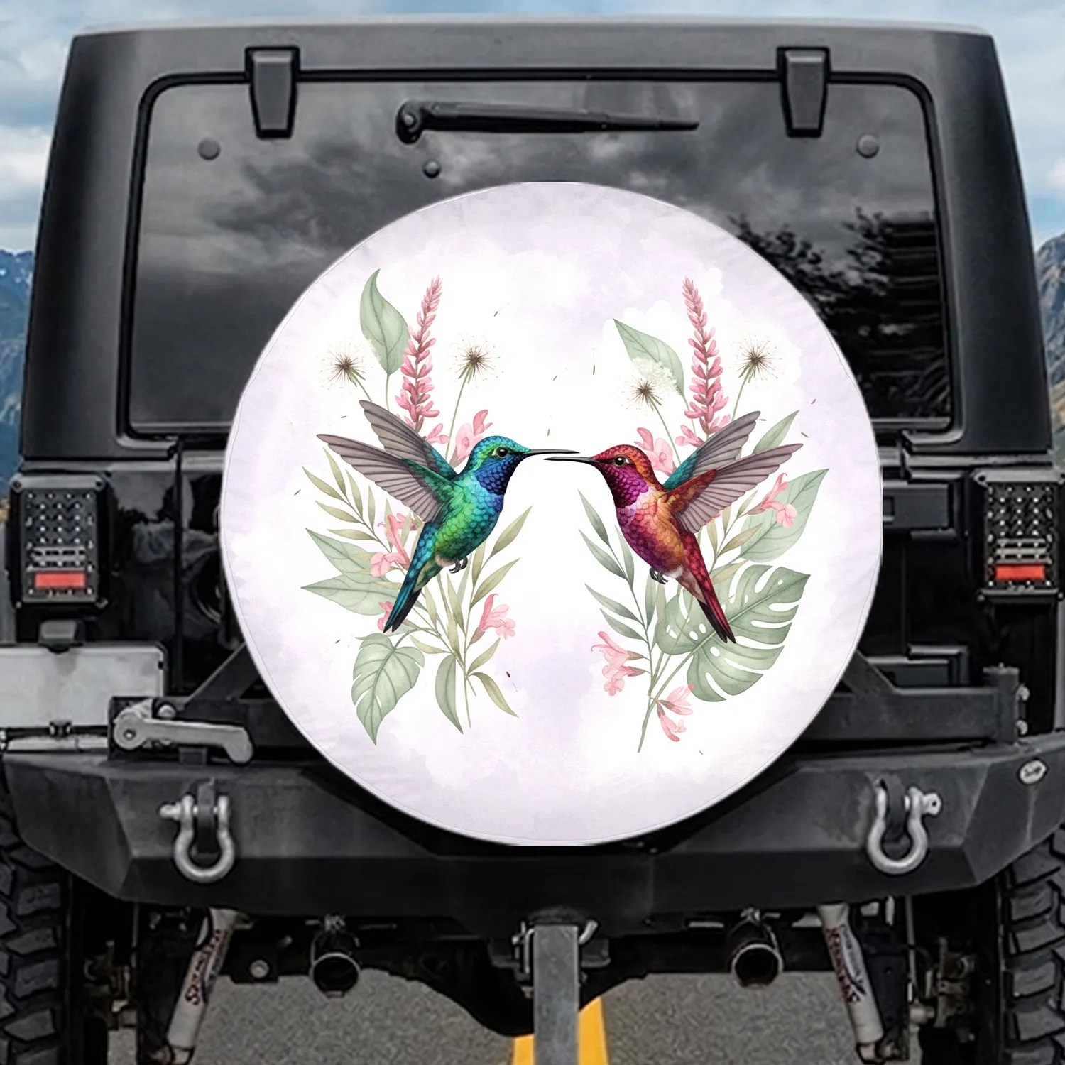 Two Hummingbirds Dandelion Pink Flowers Foliage Sky - Wildlife Lover Gift Spare Tire Cover - 1