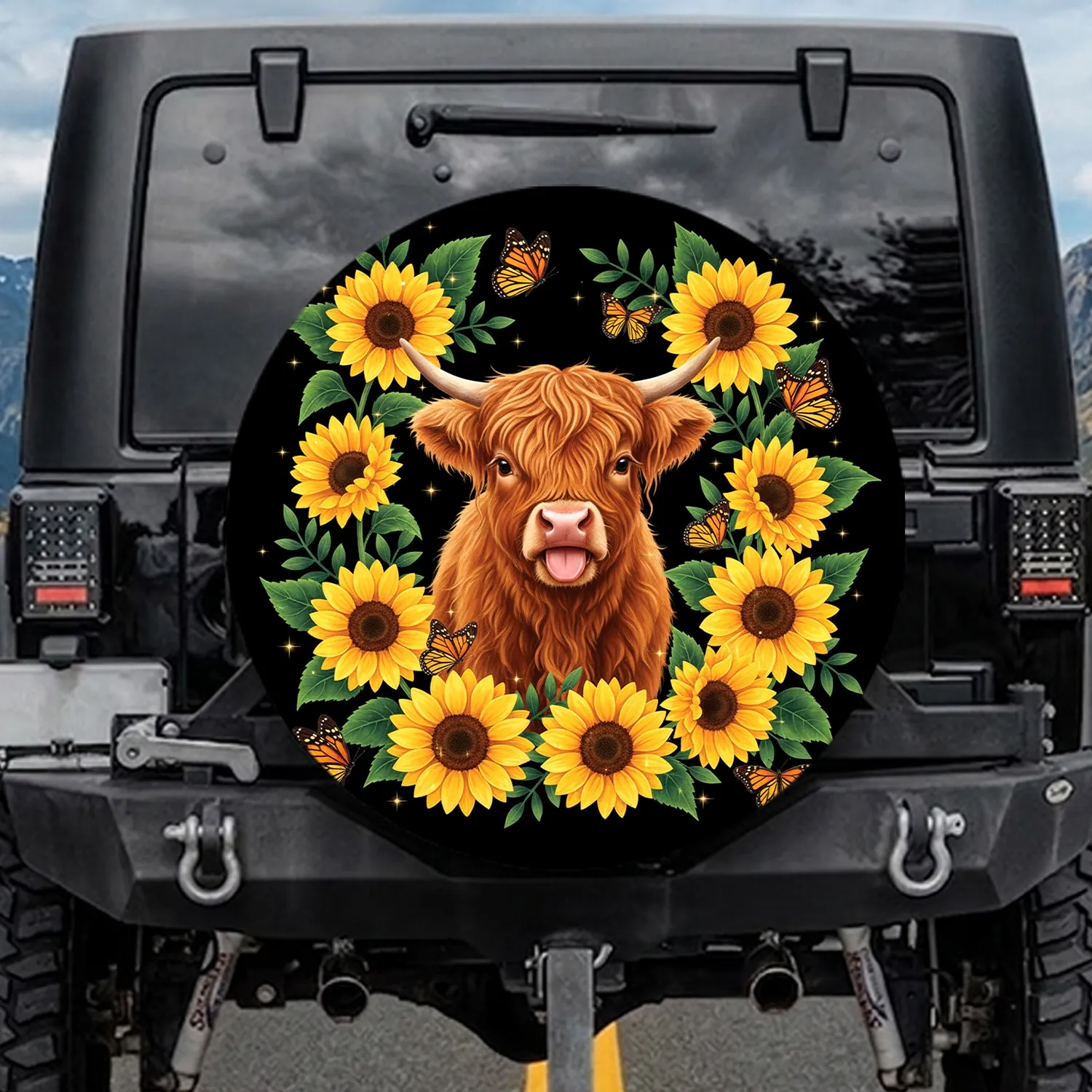 Highland Cow Calf Sunflowers Butterflies - Farmhouse Home Decor Gift for Cow Lover Spare Tire Cover - 1