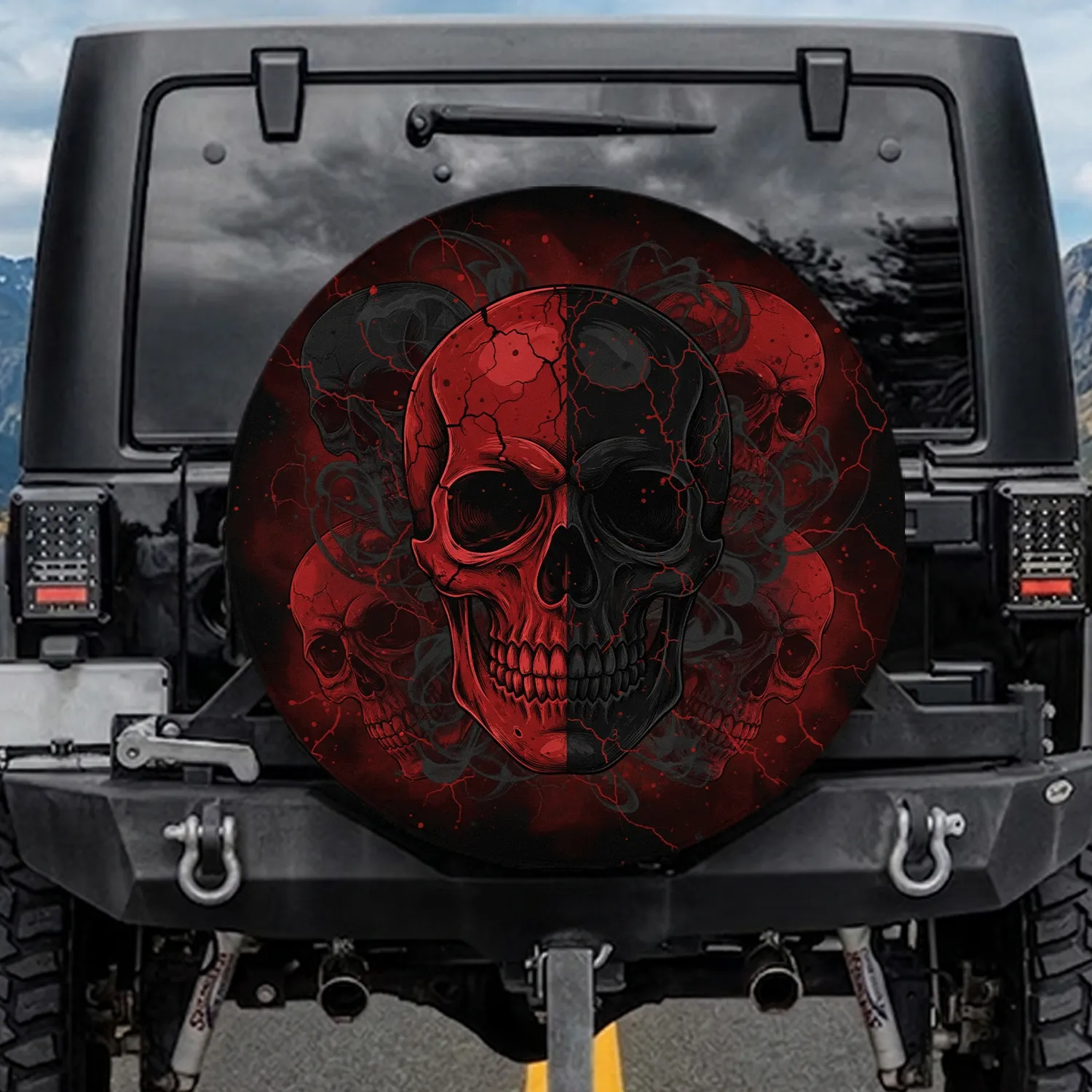 Crimson Black Split Skull - Gothic Decor Gift for Skull Lover Spare Tire Cover - 1