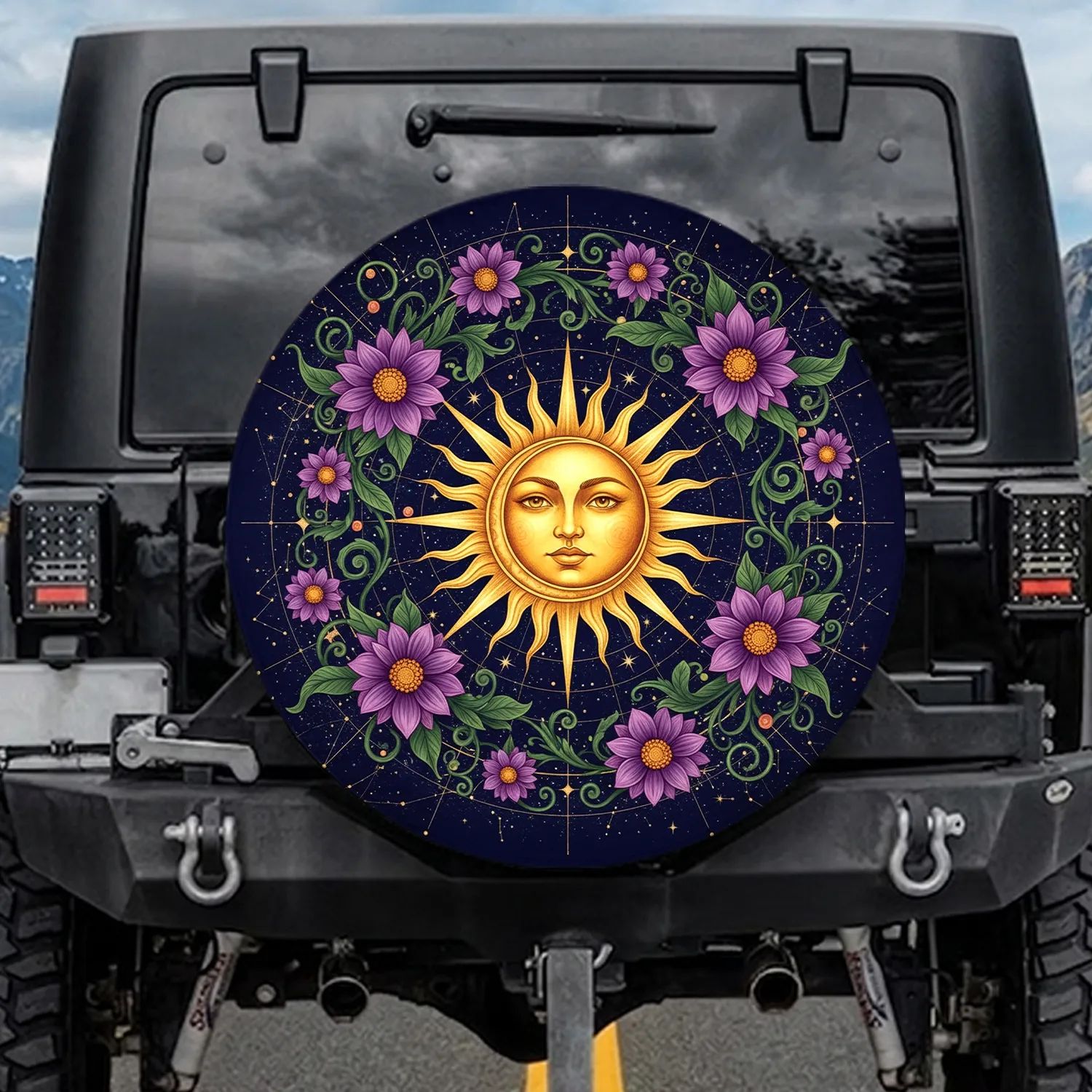 Sun Moon Stars Purple Flowers - Celestial Home Decor Gift for Stargazer Spare Tire Cover - 1