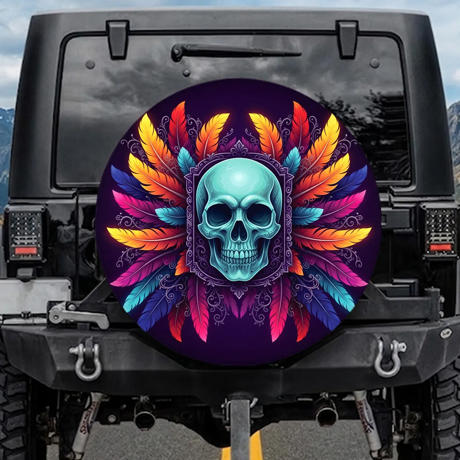 Ornate Skull Deep Shadows Organic Feathers Filigree Dark Expanse - Home Decor Gift Spare Tire Cover - 1