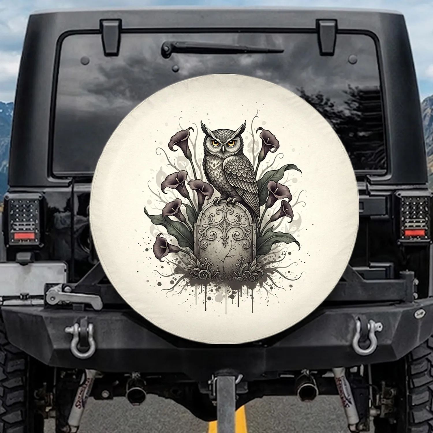 Majestic Owl Gothic Tombstone Elegant Dark Plum Calla Lilies - Gothic Decor Gift Spare Tire Cover - 1