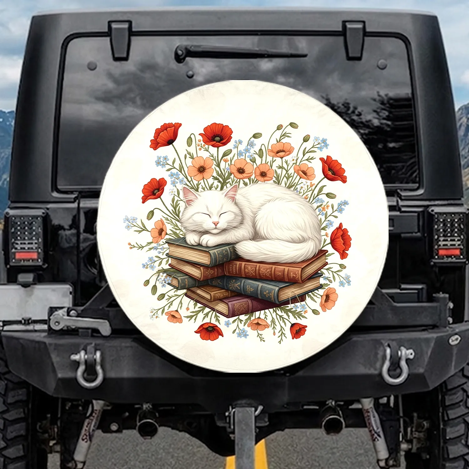 Sleeping Fluffy White Cat Vintage Books Wildflowers Book Lover - Cat Lover Gift Spare Tire Cover - 1