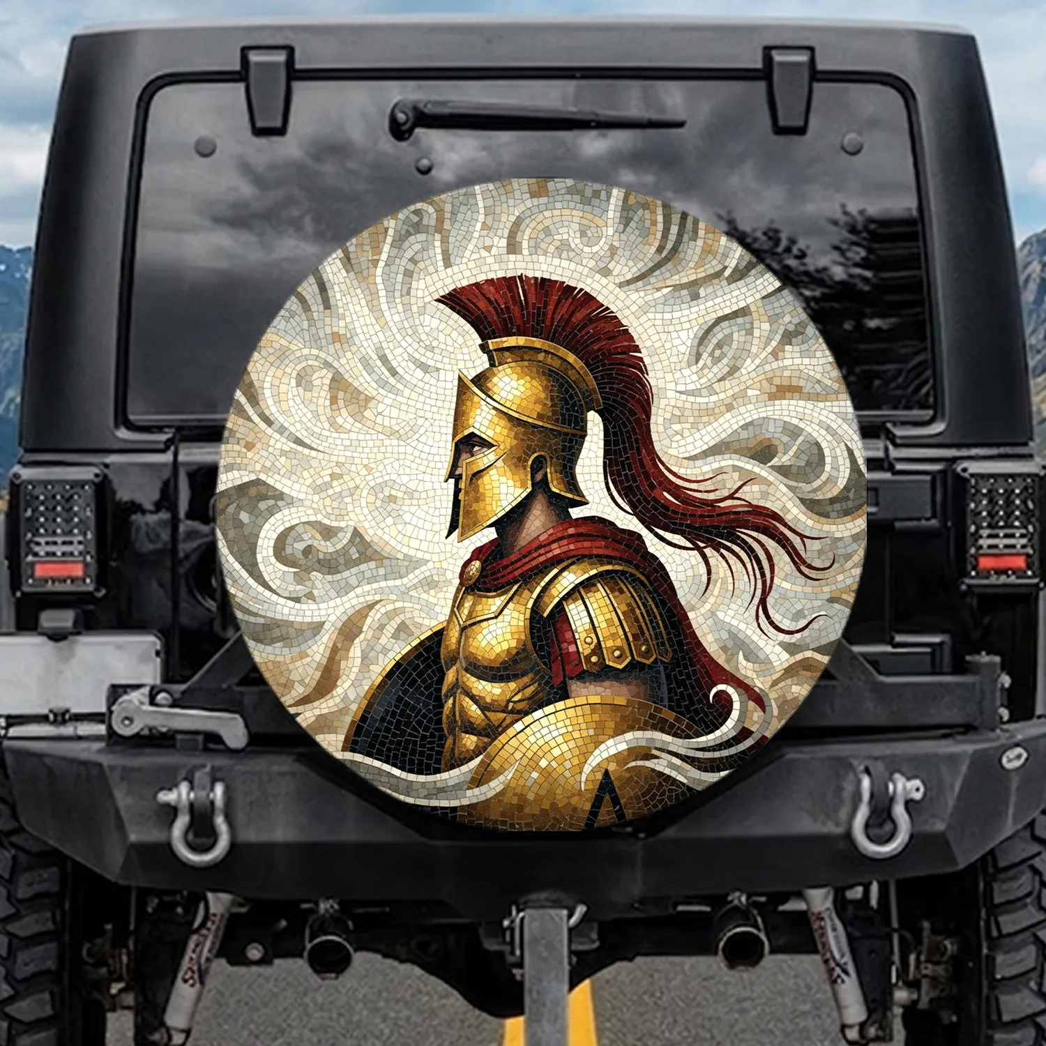 Spartan Warrior Golden Mosaic Helmet Red Plume - History Enthusiast Vehicle Gift Spare Tire Cover - 1