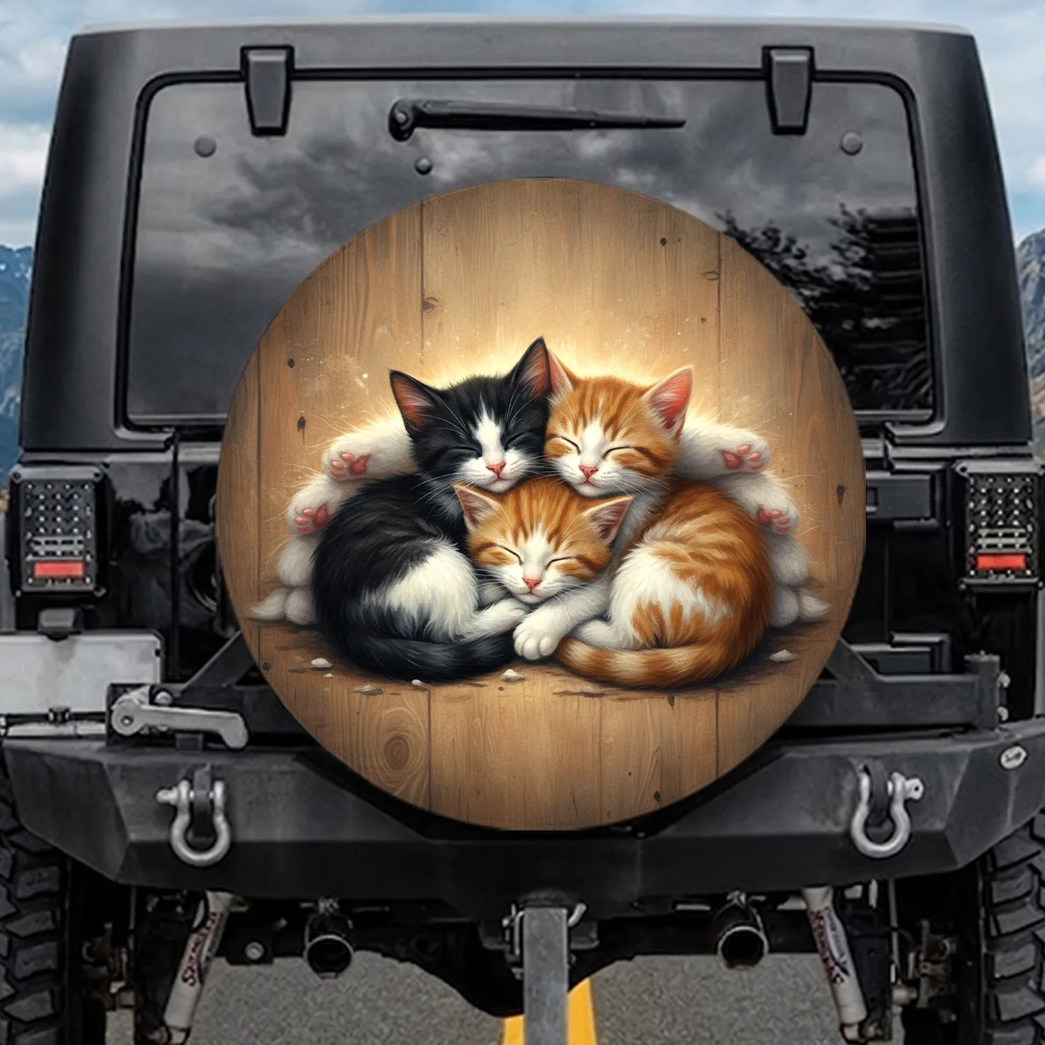 Three Sleeping Kittens Rustic Wood - Cat Lover Gift Spare Tire Cover - 1
