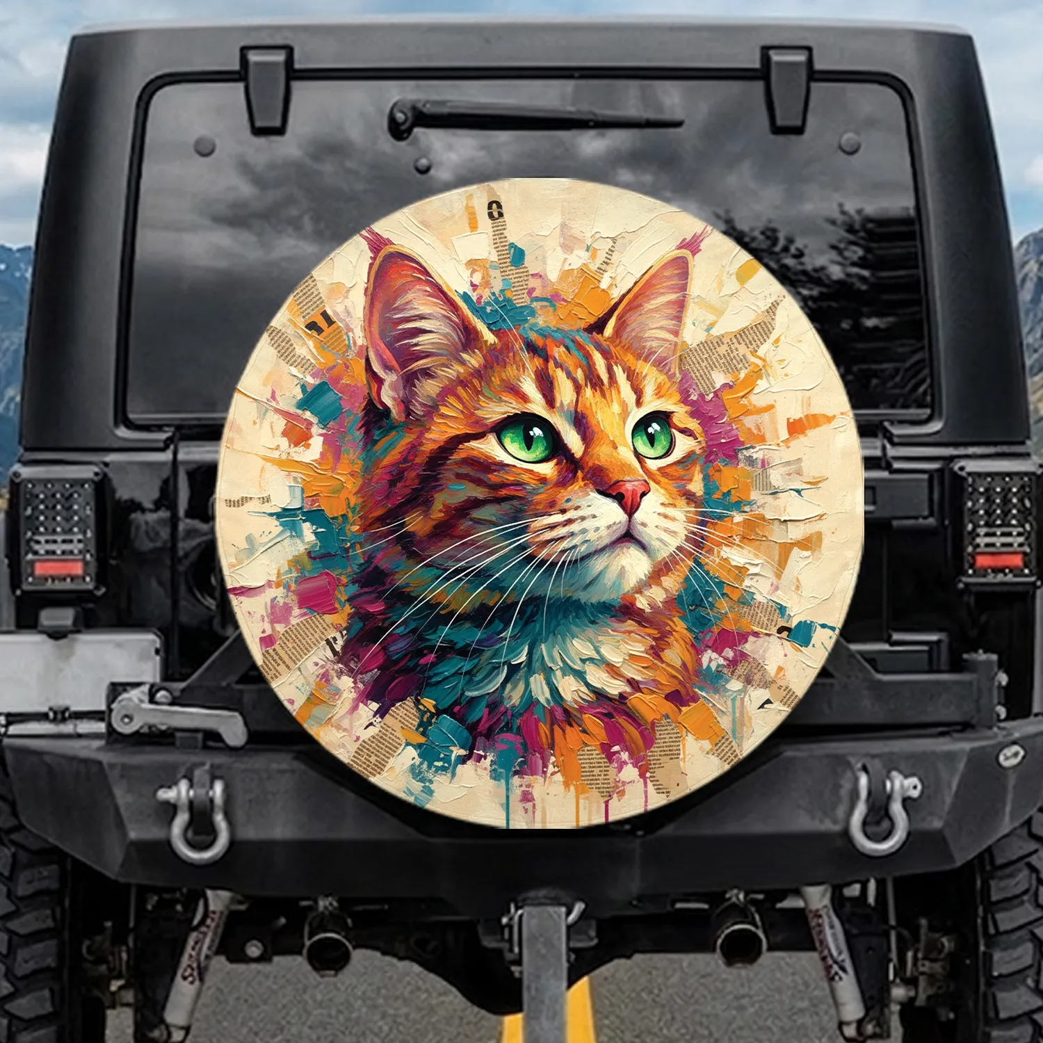 Multi-colored Cat Emerald Eyes Textured Fur Whiskers - Home Decor Gift for Cat Lover Spare Tire Cover - 1