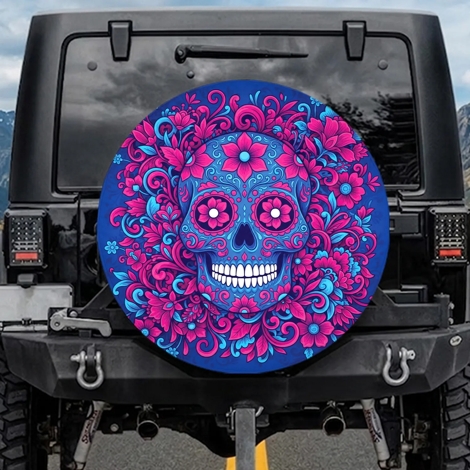 Ornate Sugar Skull Calavera Floral Leaves Flourishes - Home Decor Gift for Car Enthusiast Spare Tire Cover - 1