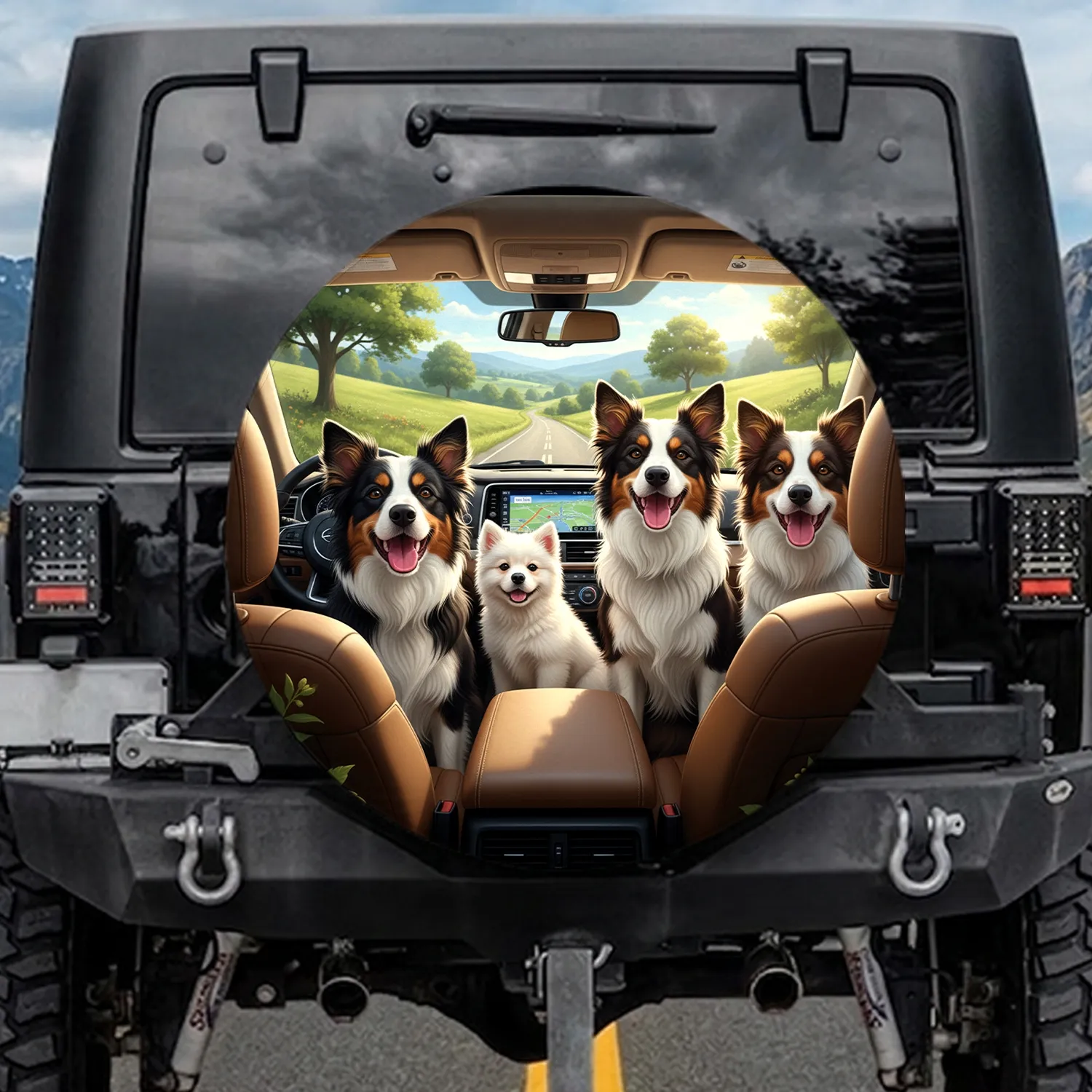 Happy Diverse Dogs Road Trip Countryside Car Interior - Dog Lover Gift Spare Tire Cover - 1