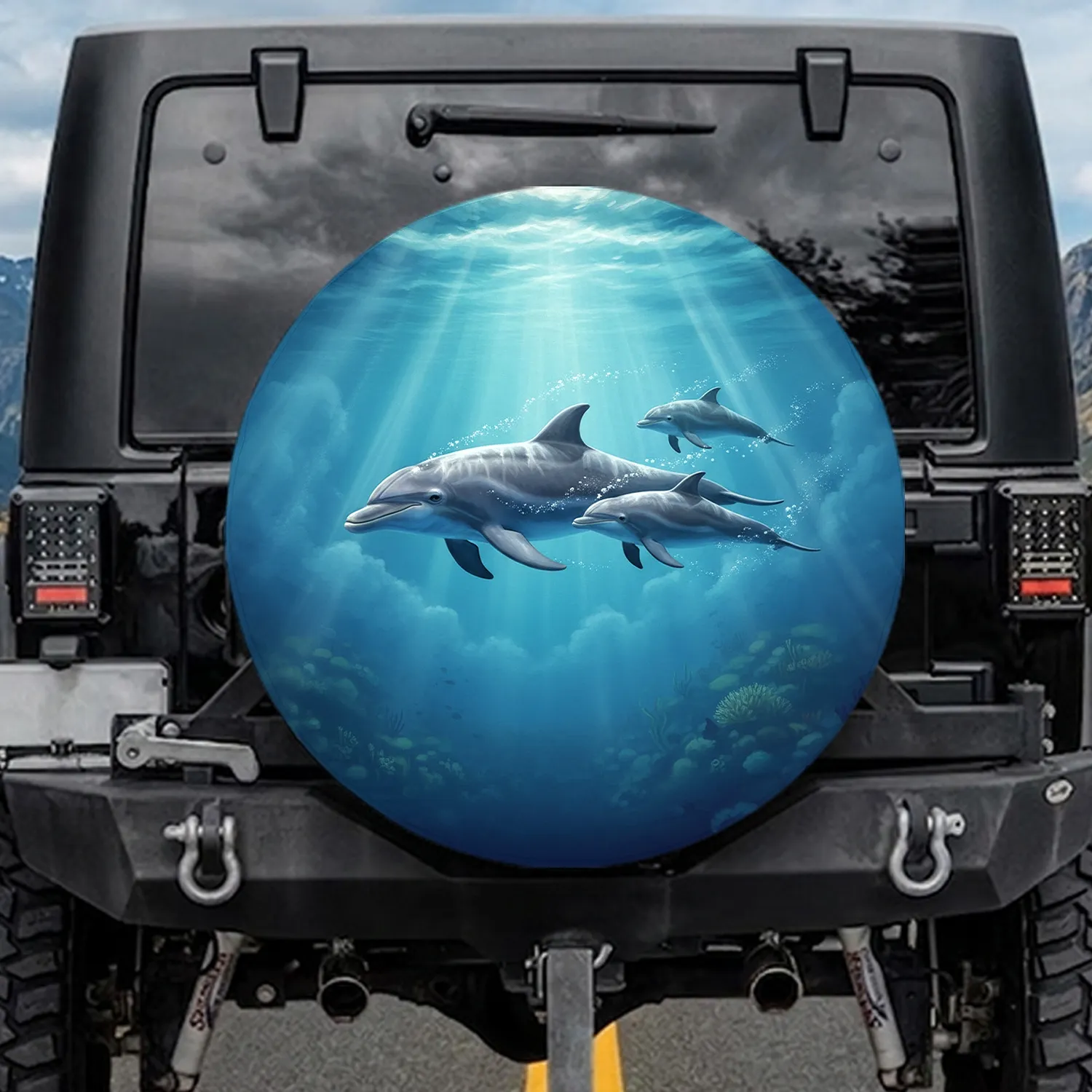Three Graceful Bottlenose Dolphins Deep Ocean Scene - Aquatic Wildlife Home Decor Gift Spare Tire Cover - 1