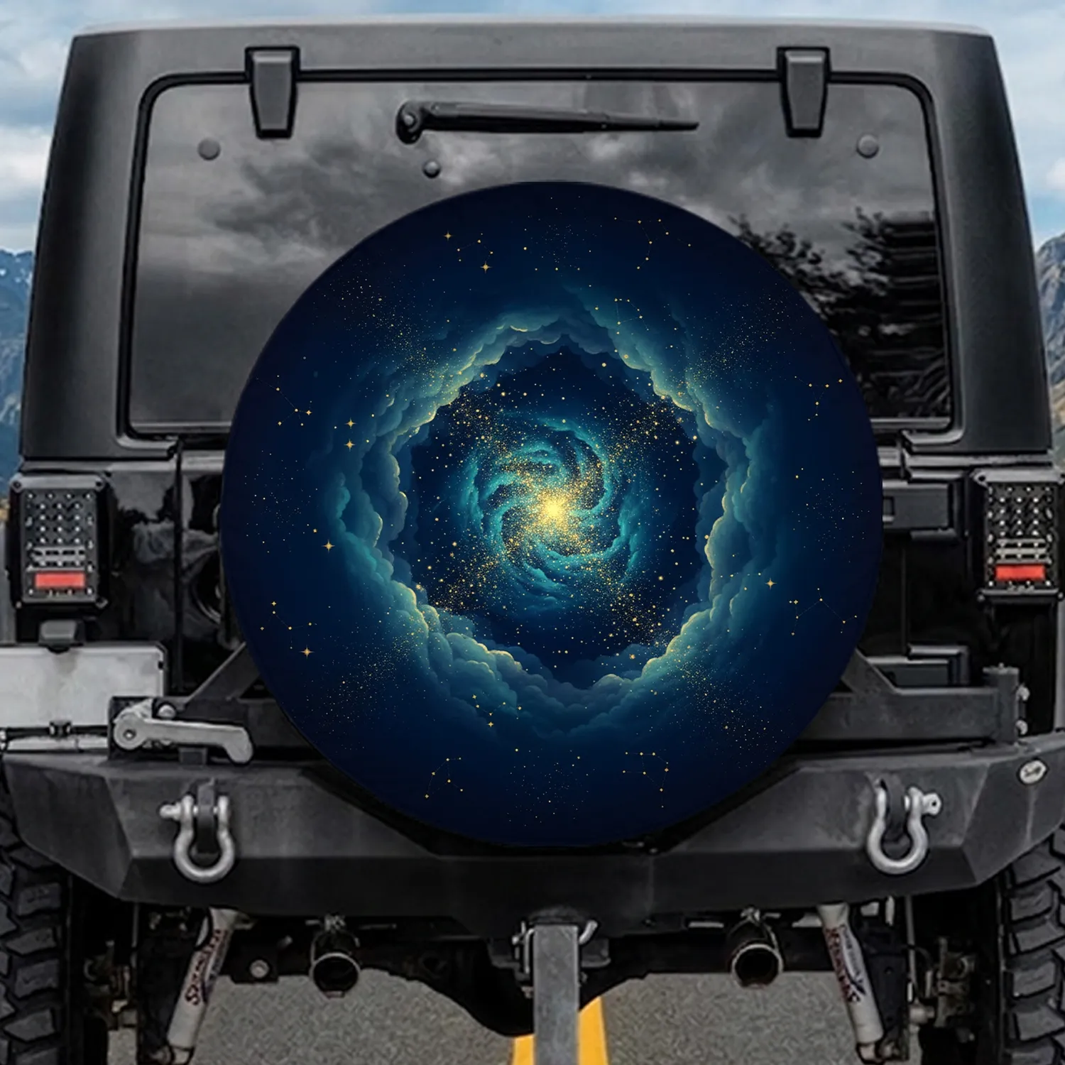Celestial Golden Stars Blue Clouds - Cosmic Journey Travel Essentials Spare Tire Cover - 1