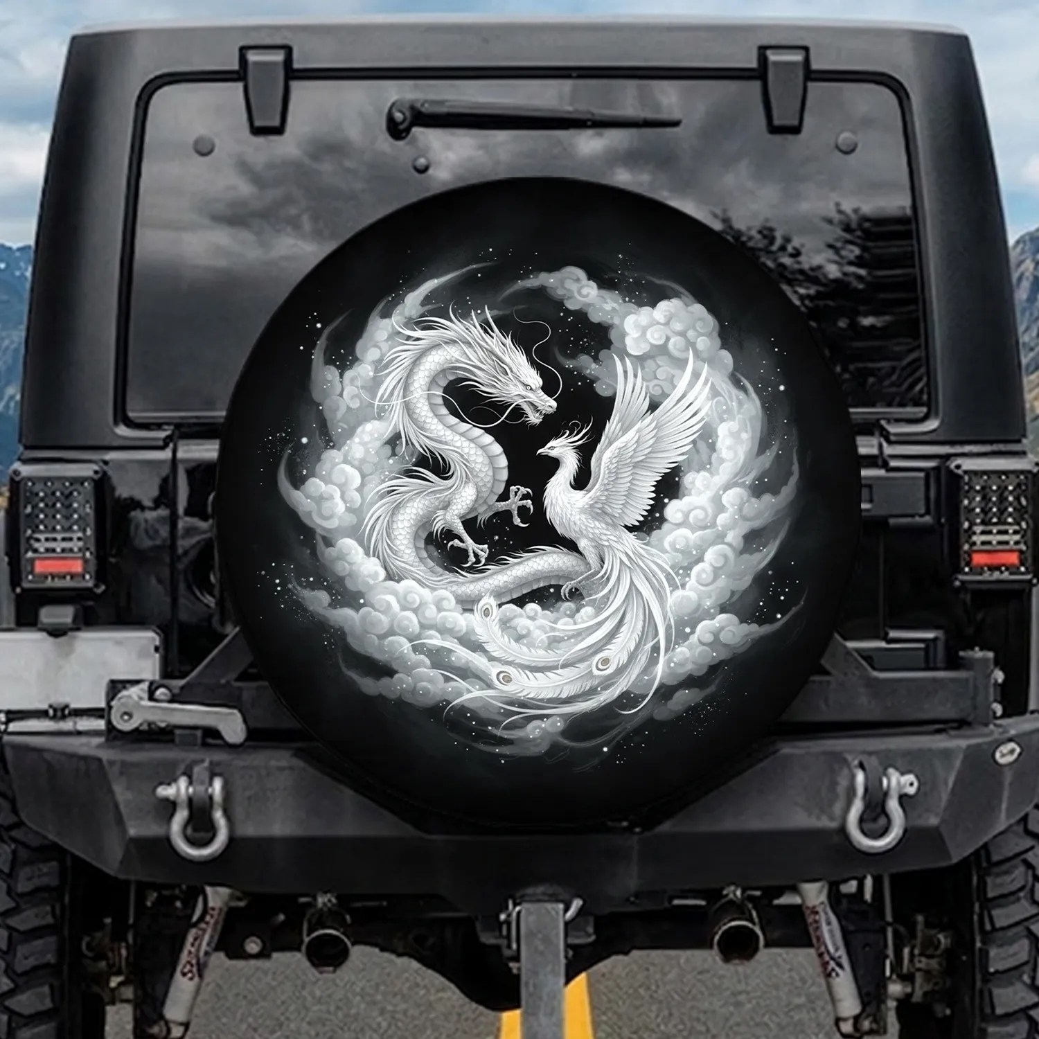 White Eastern Dragon Phoenix Mythical Creatures Ethereal Dance - Mythology Lover Gift Spare Tire Cover - 1