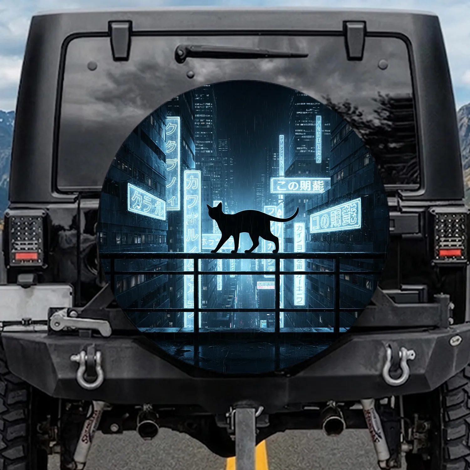 Black Cat Futuristic City Neon Signs - Urban Home Decor Gift for Cat Lover Spare Tire Cover - 1