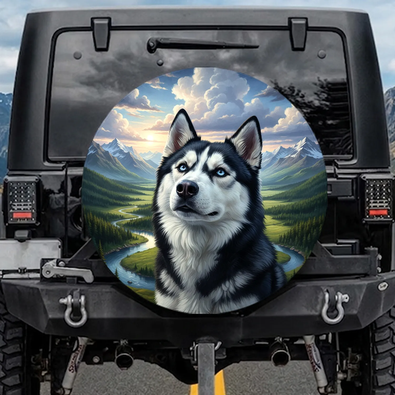 Siberian Husky Green Mountain Valley - Adventure Lover Gift for Husky Lover Spare Tire Cover - 1