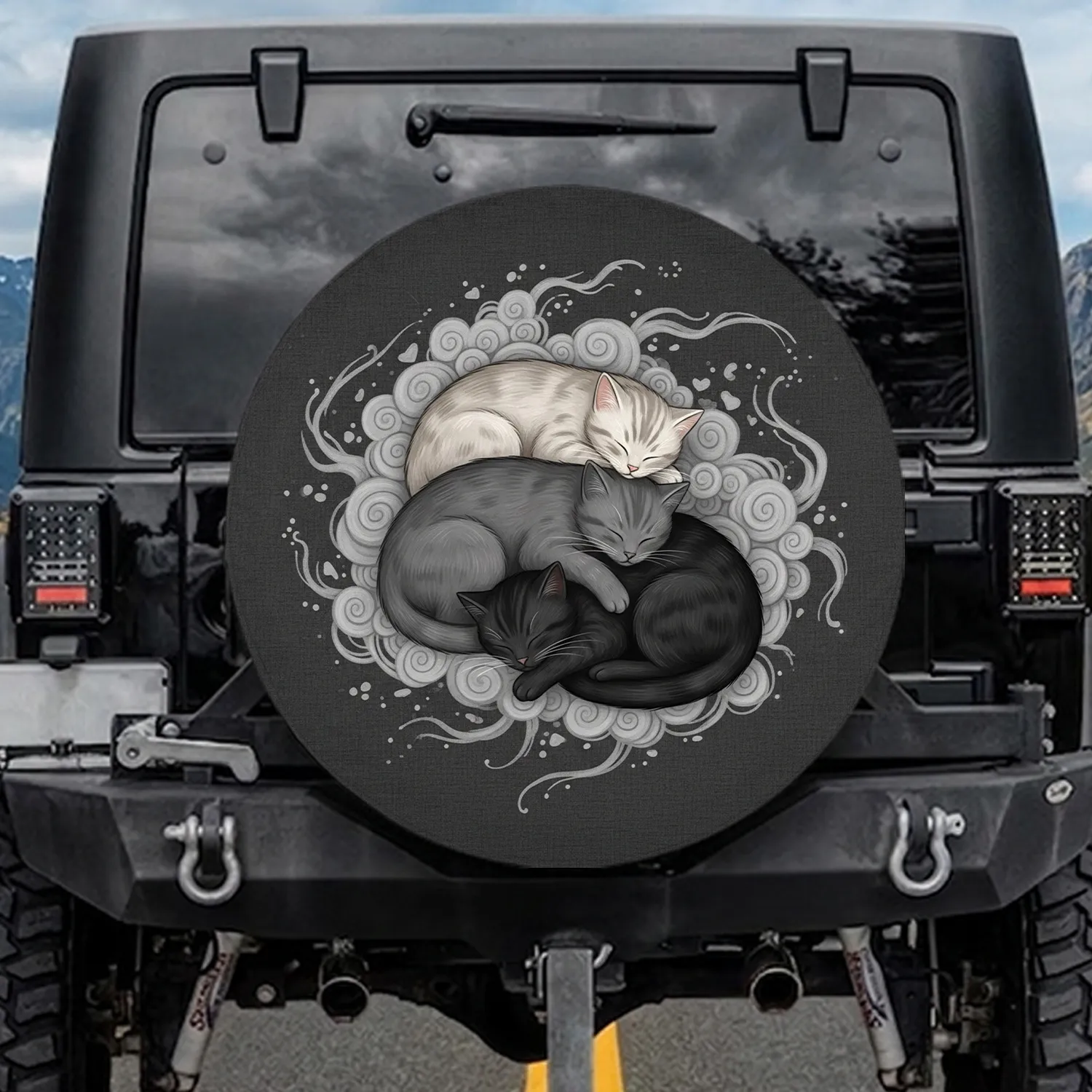 Pile of Three Deeply Sleeping Intertwined Cats - Thoughtful Home Decor Gift for Cat Lovers Spare Tire Cover - 1