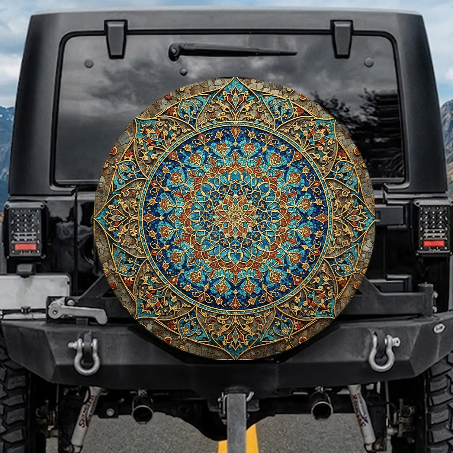 Ancient Mosaic Mandala Tilework Floral Geometric - Home Decor Gift for Art Lover Spare Tire Cover - 1