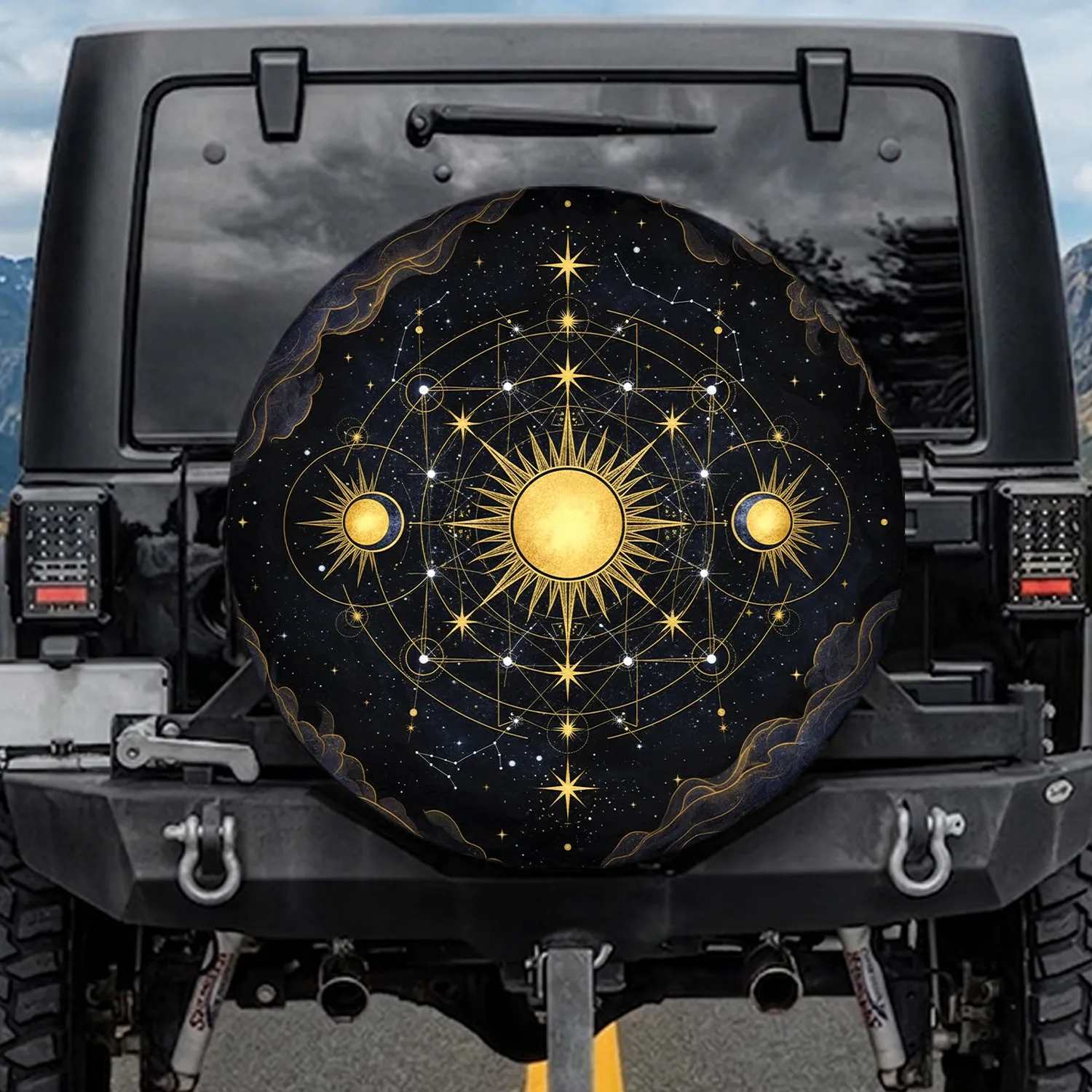 Celestial Alignment Geometric Stars Suns Moons Swirling Clouds - Cosmic Lifestyle Gift Spare Tire Cover - 1