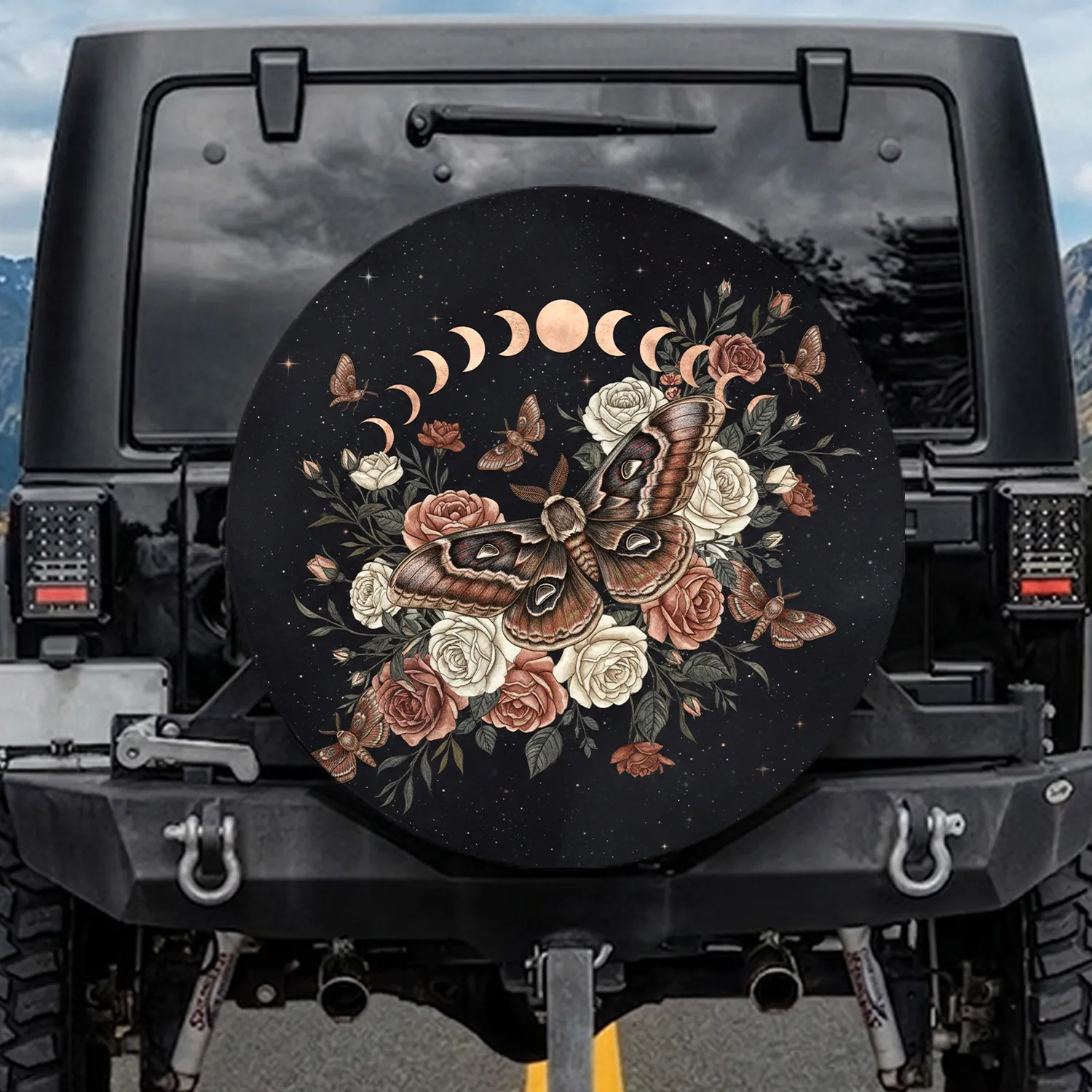 Atlas Moth Rose Gold Moon Phases Vintage Roses - Wildlife Lover Gift Spare Tire Cover - 1