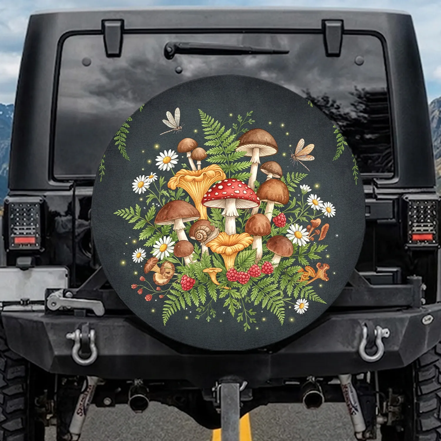 Red Toadstool Mushroom Fern Raspberry Snail Dragonfly - Home Decor Gift Spare Tire Cover - 1