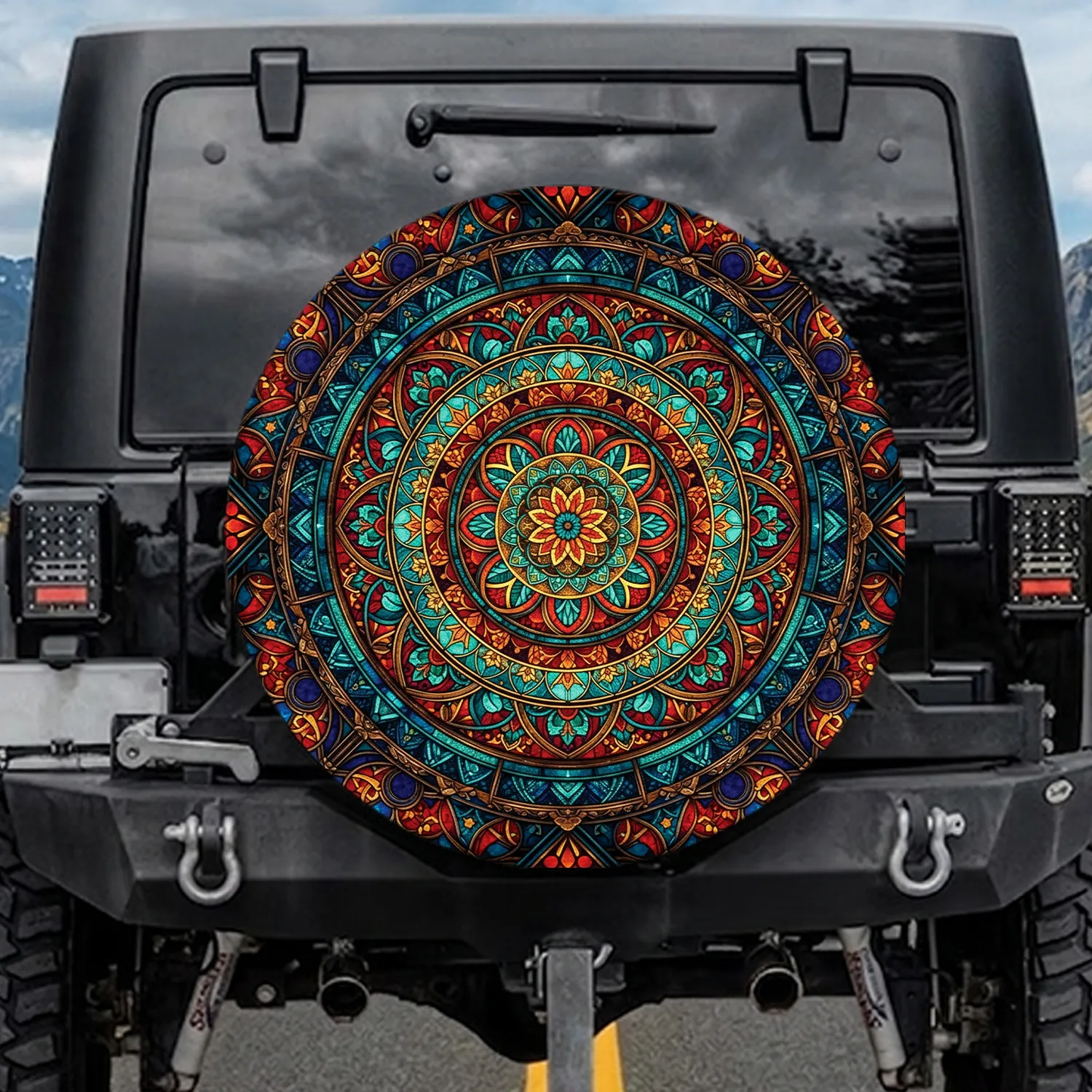 Mandala Geometric Floral Stained Glass Radiating Starburst Ancient Window - Home Decor Gift Spare Tire Cover - 1