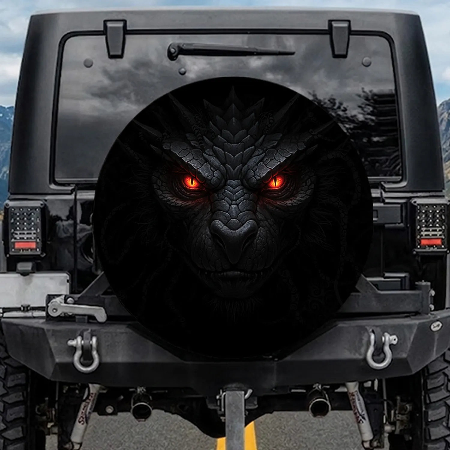 Fearsome Dark Scaly Creature Face Glowing Reptile Eyes - Fantasy Lover Adventure Gift Spare Tire Cover - 1