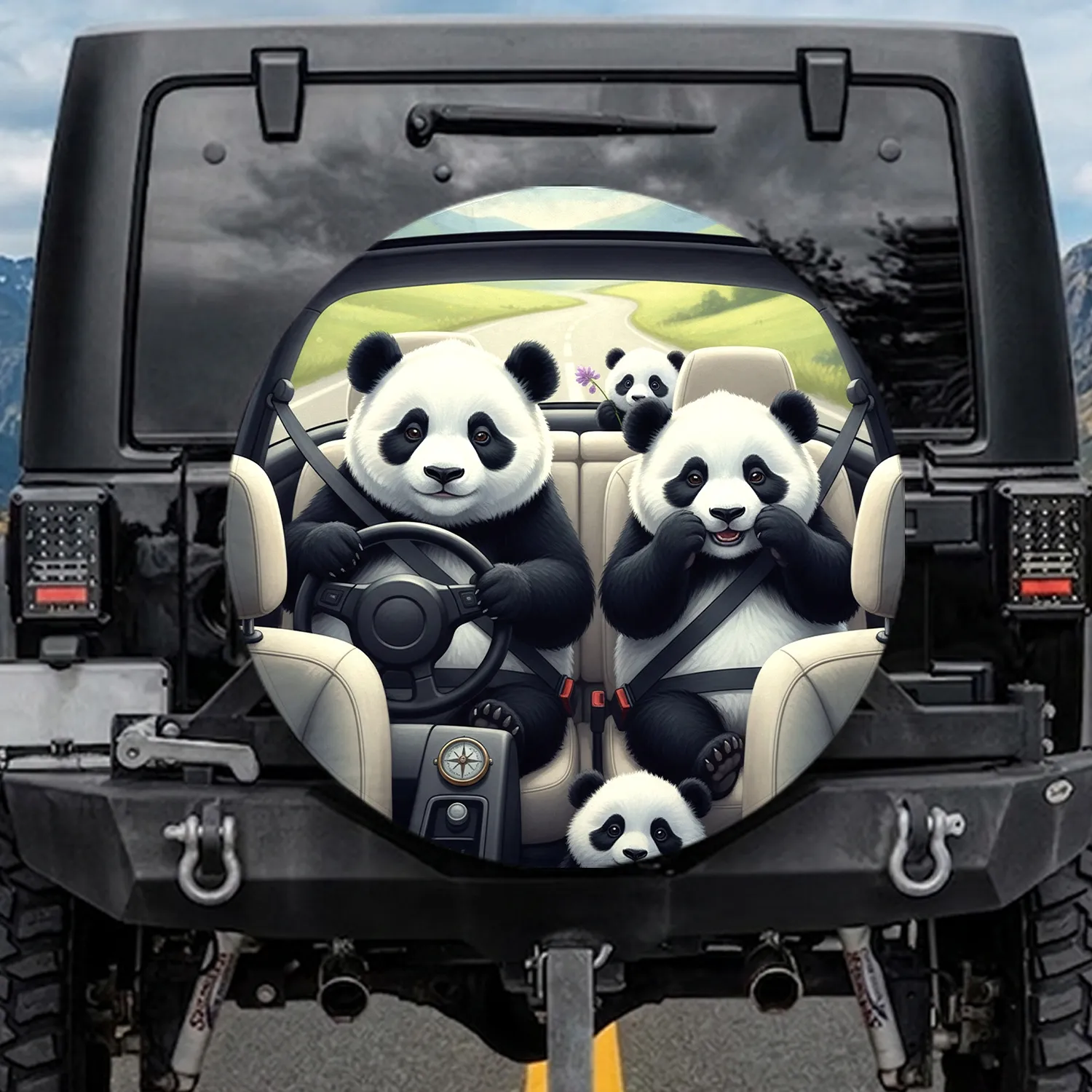 Panda Family Road Trip Adventure - Vehicle Interior Travel Gift for Wildlife Lover Spare Tire Cover - 1