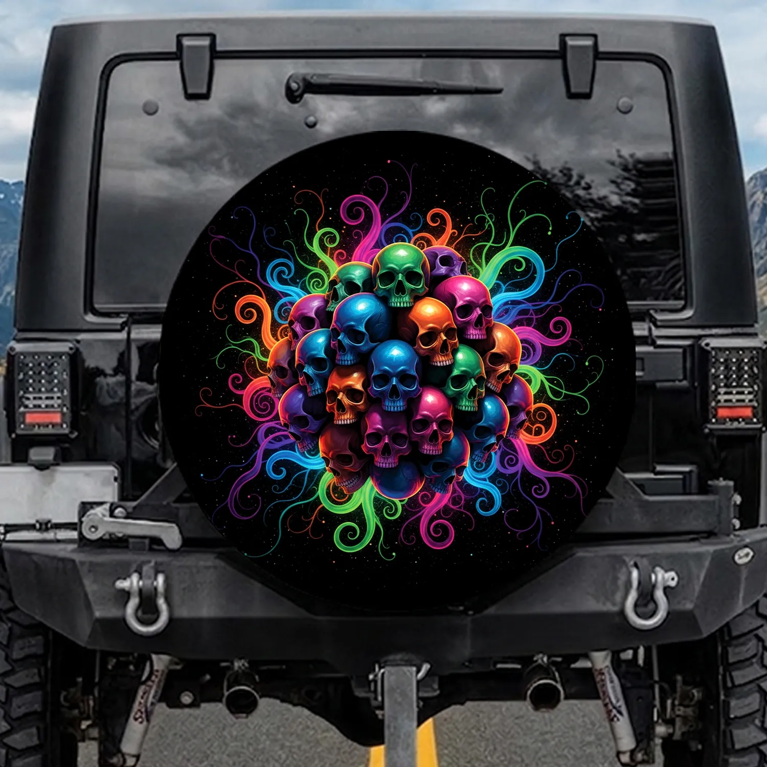 Iridescent Human Skulls Neon Energy Tendrils Deep Black Void - Gift for Skull Collector Spare Tire Cover - 1