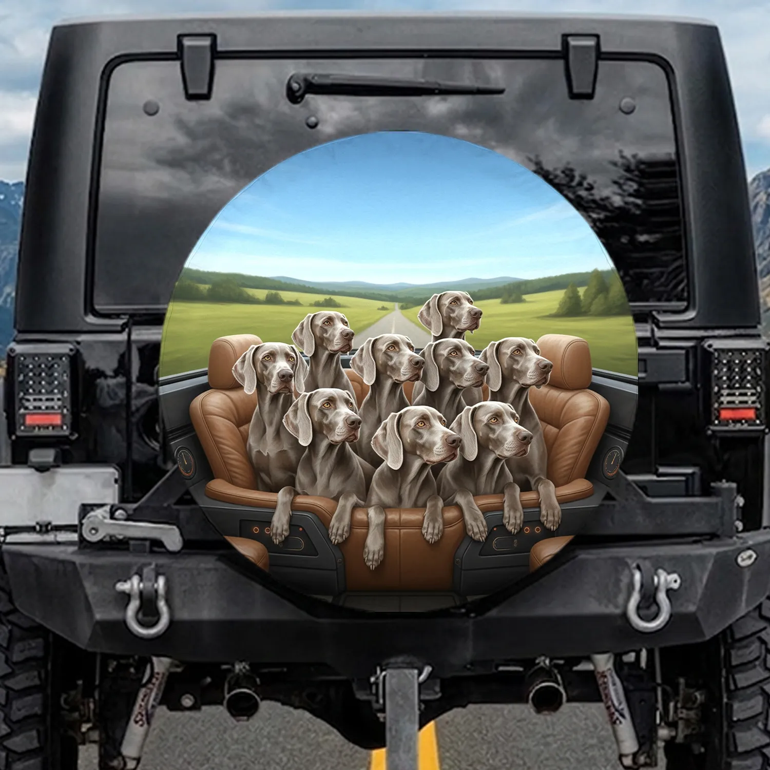 Eight Weimaraner Dogs Pack Vehicle Interior Landscape - Dog Lover Gift Spare Tire Cover - 1