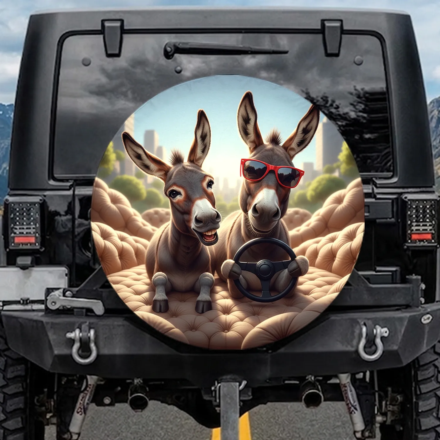 Donkeys Red Sunglasses Steering Wheel Lounge Cityscape - Road Trip Accessory for Animal Lover Spare Tire Cover - 1