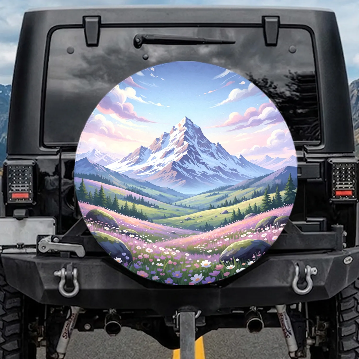 Mountain Peak Wildflower Landscape - Road Trip Decor Gift Spare Tire Cover - 1