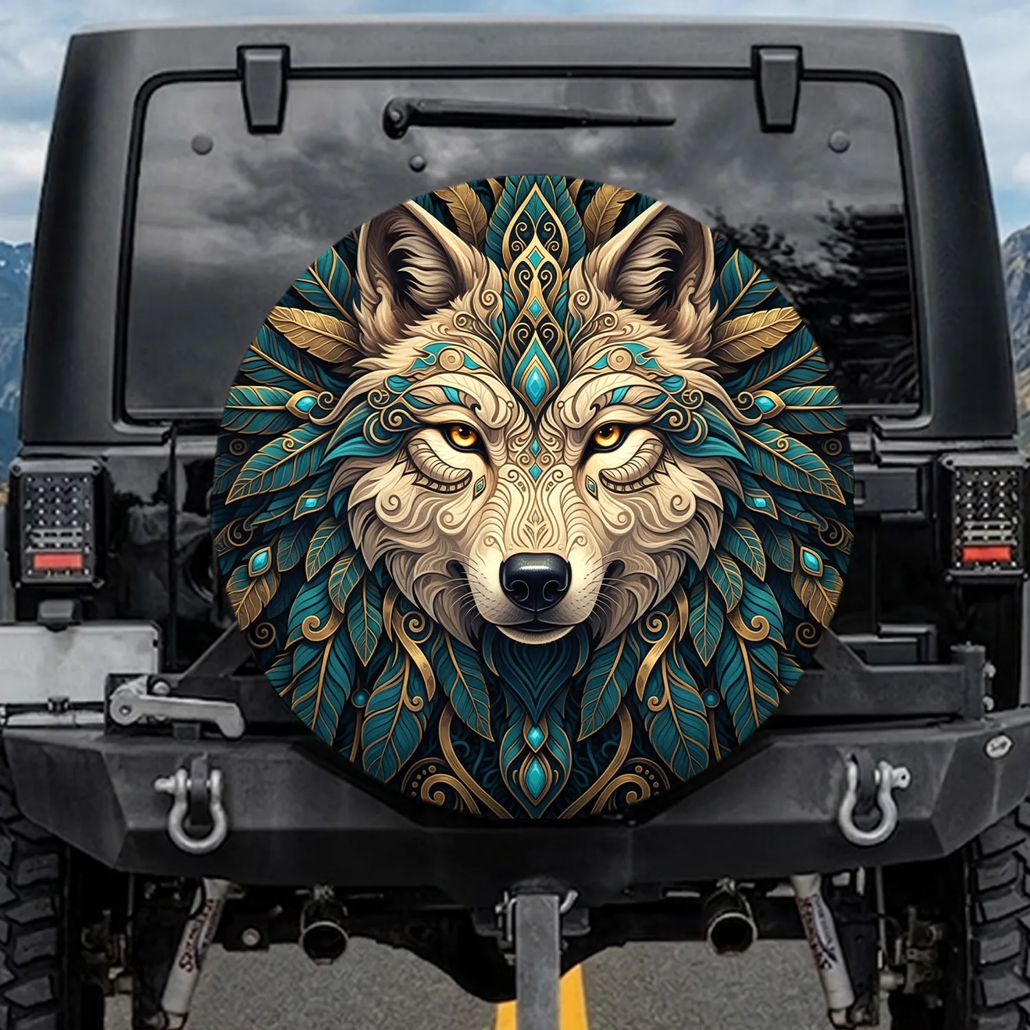 Wolf Head Golden Filigree Feathers - Wildlife Lover Gift for Wolf Lovers Spare Tire Cover - 1