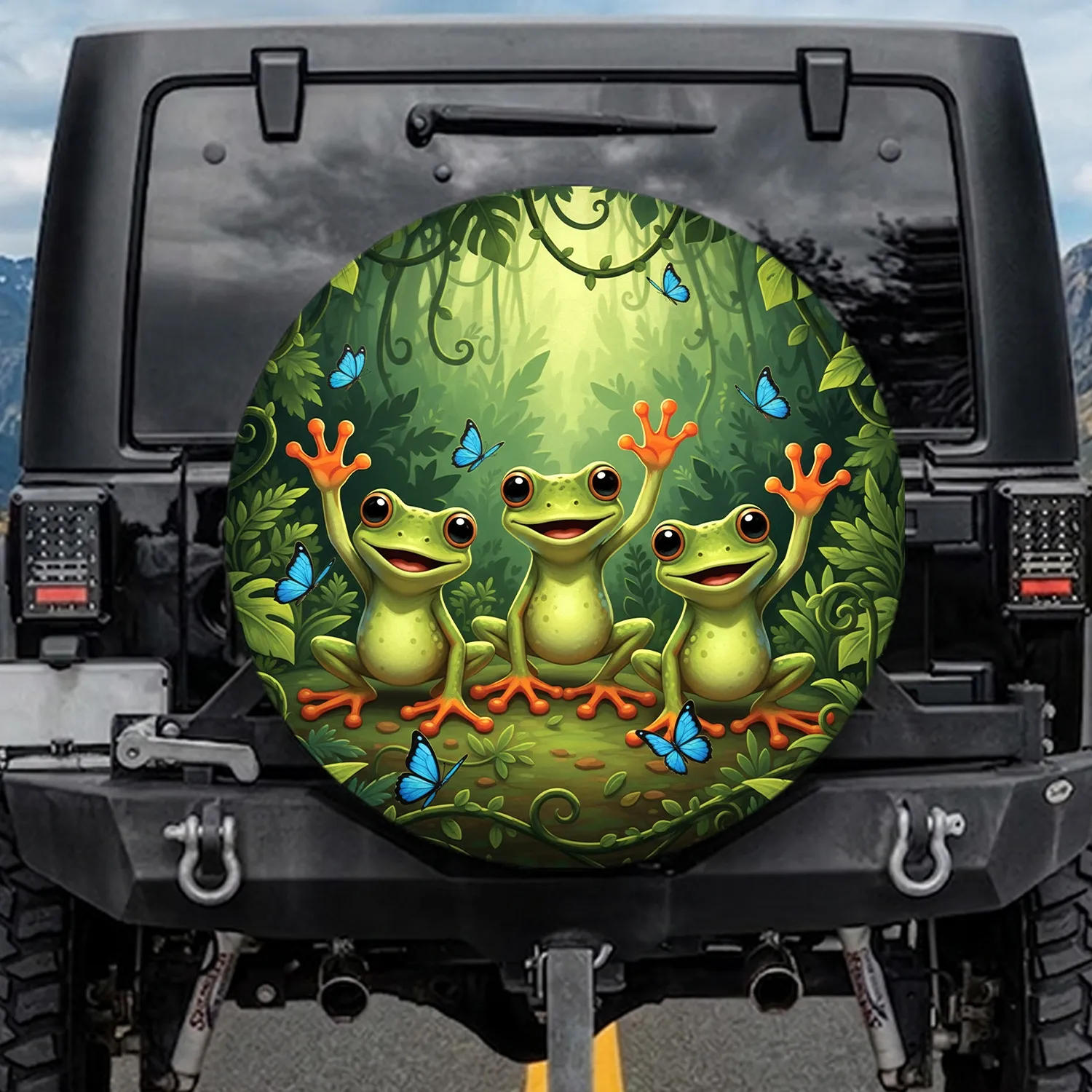 Waving Tropical Green Frogs Blue Butterflies Jungle Foliage - Wildlife Lover Gift Spare Tire Cover - 1
