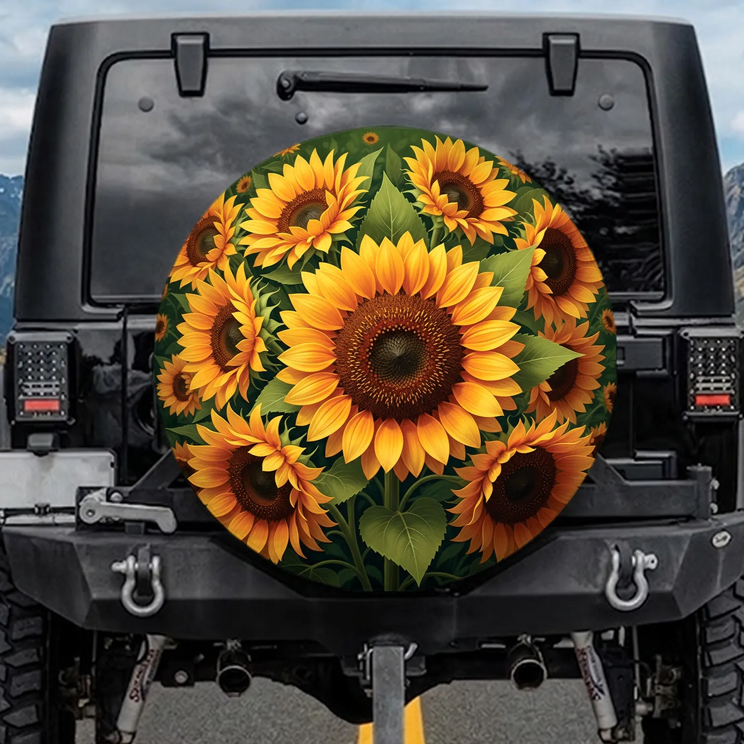 Dense Sunflower Cluster Overlapping Blooms Lush Greenery - Outdoor Vehicle Accent Gift Spare Tire Cover - 1