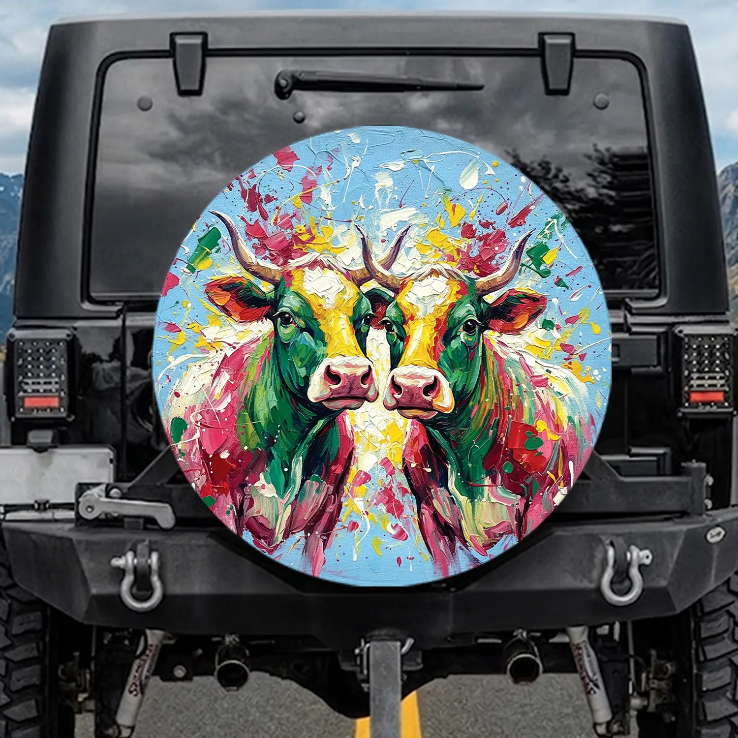 Friendly Cow Faces Light Sky Blue Background - Farmhouse Home Decor for Cow Lovers Spare Tire Cover - 1