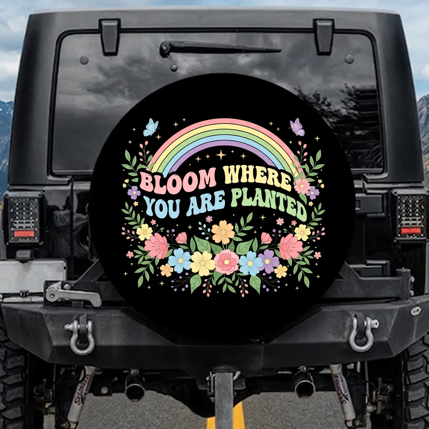 Bloom Where You Are Planted Rainbow Flowers Butterflies - Inspirational Gift Spare Tire Cover - 1