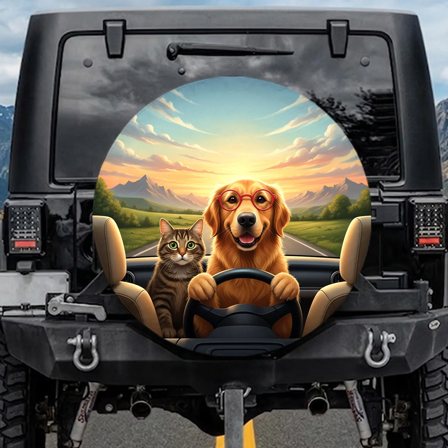 Golden Retriever Driving Tabby Cat Road Trip - Travel Essentials Dog Cat Lovers Gift Spare Tire Cover - 1