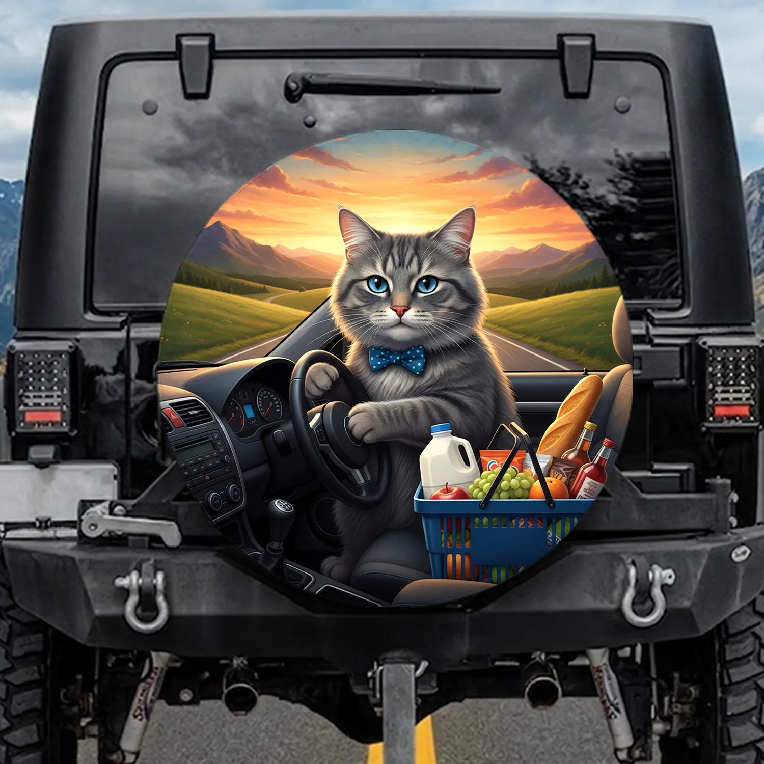 Grey Tabby Cat Steering Wheel Grocery Basket - Road Trip Lover Gift for Cat Owners Spare Tire Cover - 1