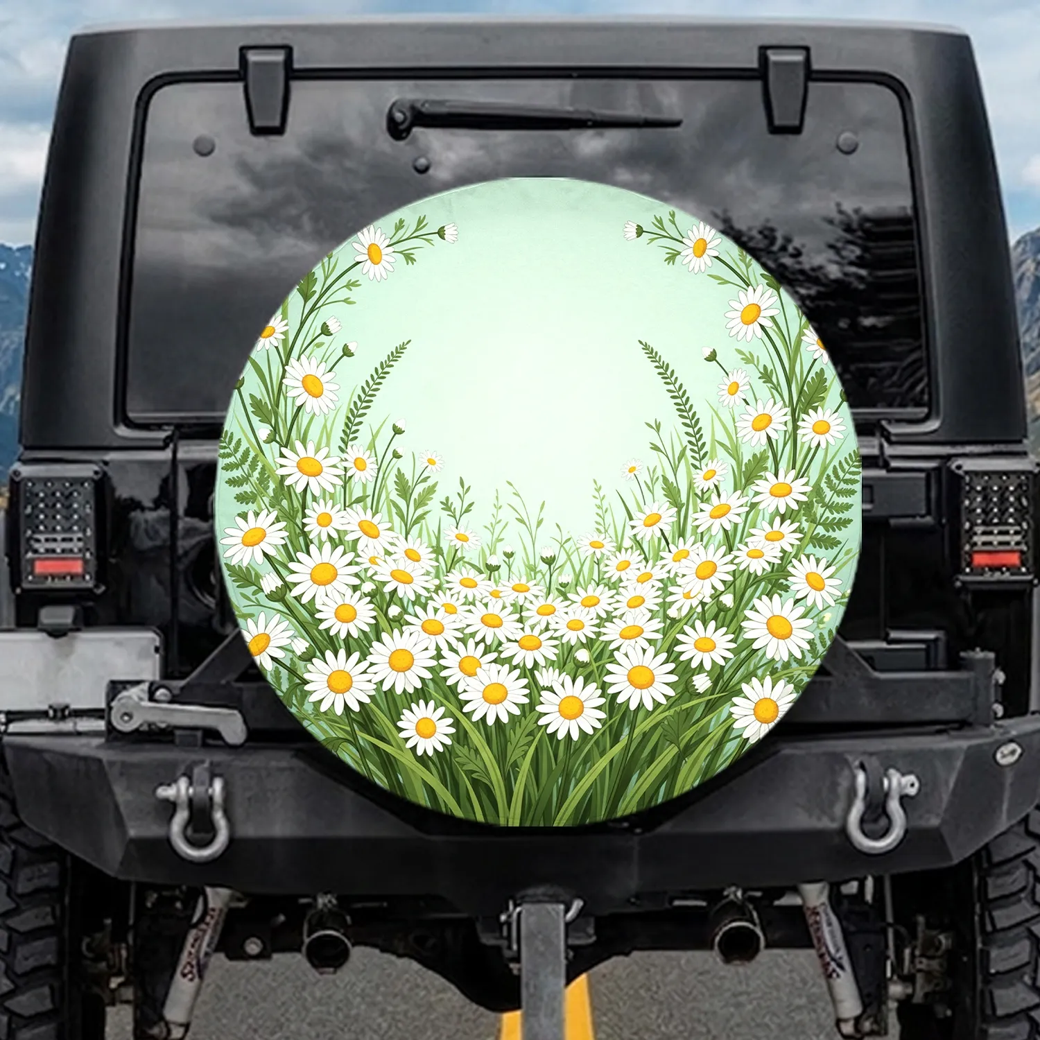 White Daisies Blooms Meadow Green Leaves - Home Decor Gift for Garden Lover Spare Tire Cover - 1