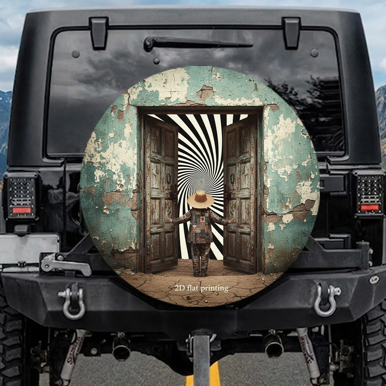 Child in Antique Wooden Doorway with Spiral - Farmhouse Home Decor Gift Spare Tire Cover - 1