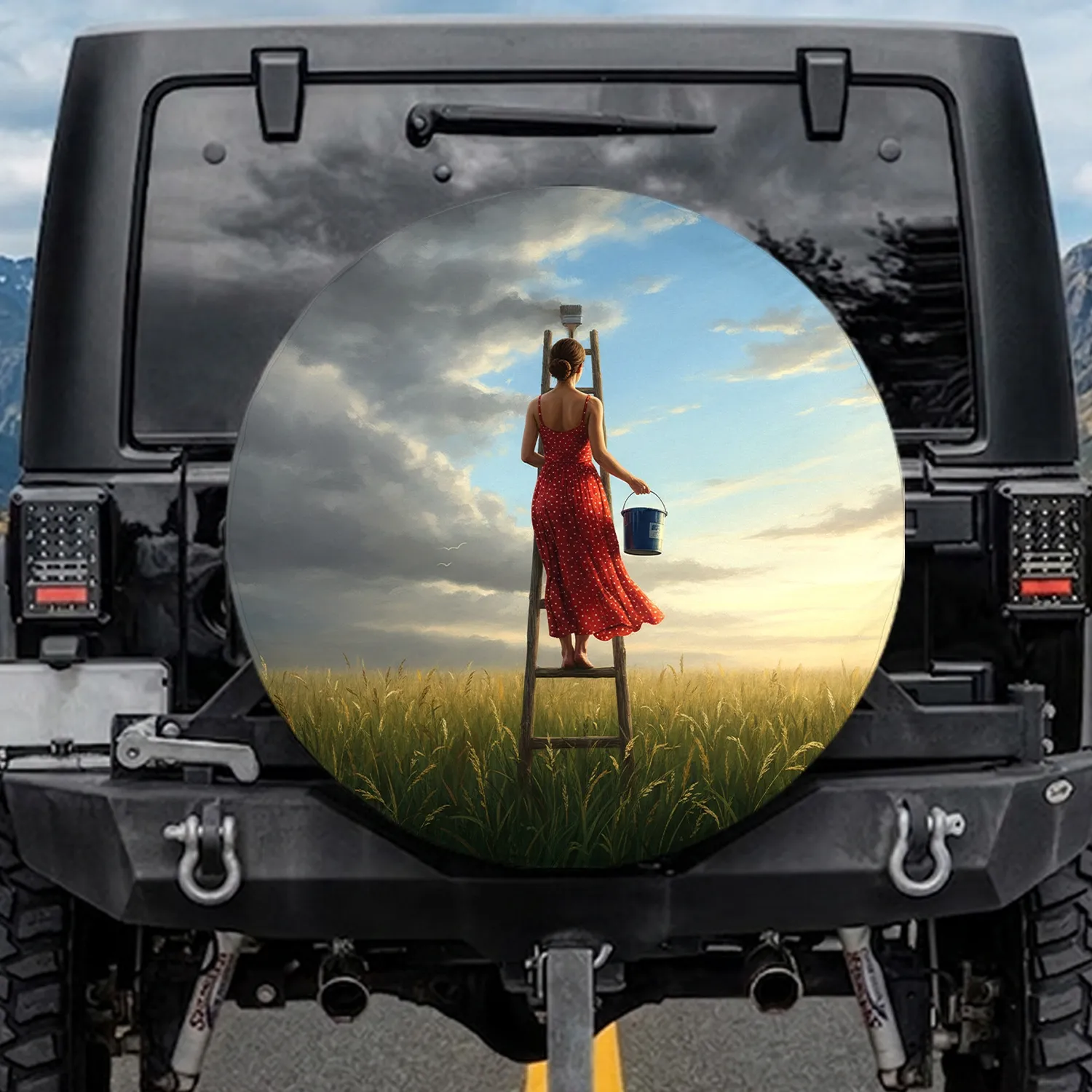 Woman Painter Divided Sky Grass Field - Home Decor Gift Spare Tire Cover - 1