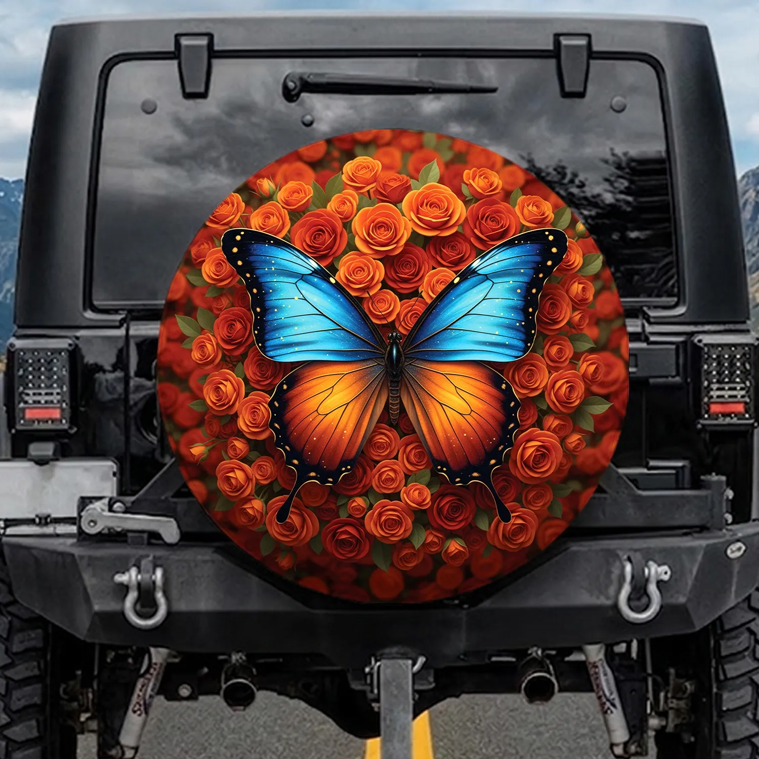 Blue Orange Butterfly Blossoms Green Foliage Gold Specks - Outdoor Wildlife Gift Spare Tire Cover - 1