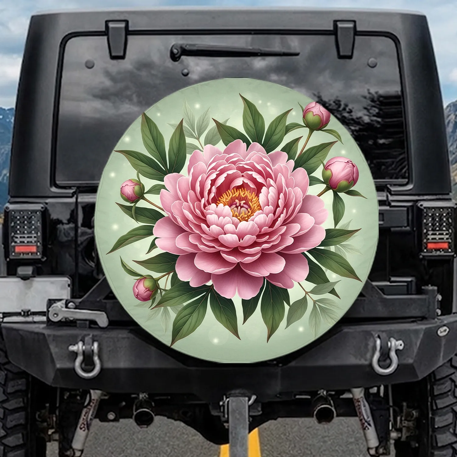 Vibrant Pink Peony Flower Green Leaves - Botanical Garden Home Decor Gift for Garden Lover Spare Tire Cover - 1