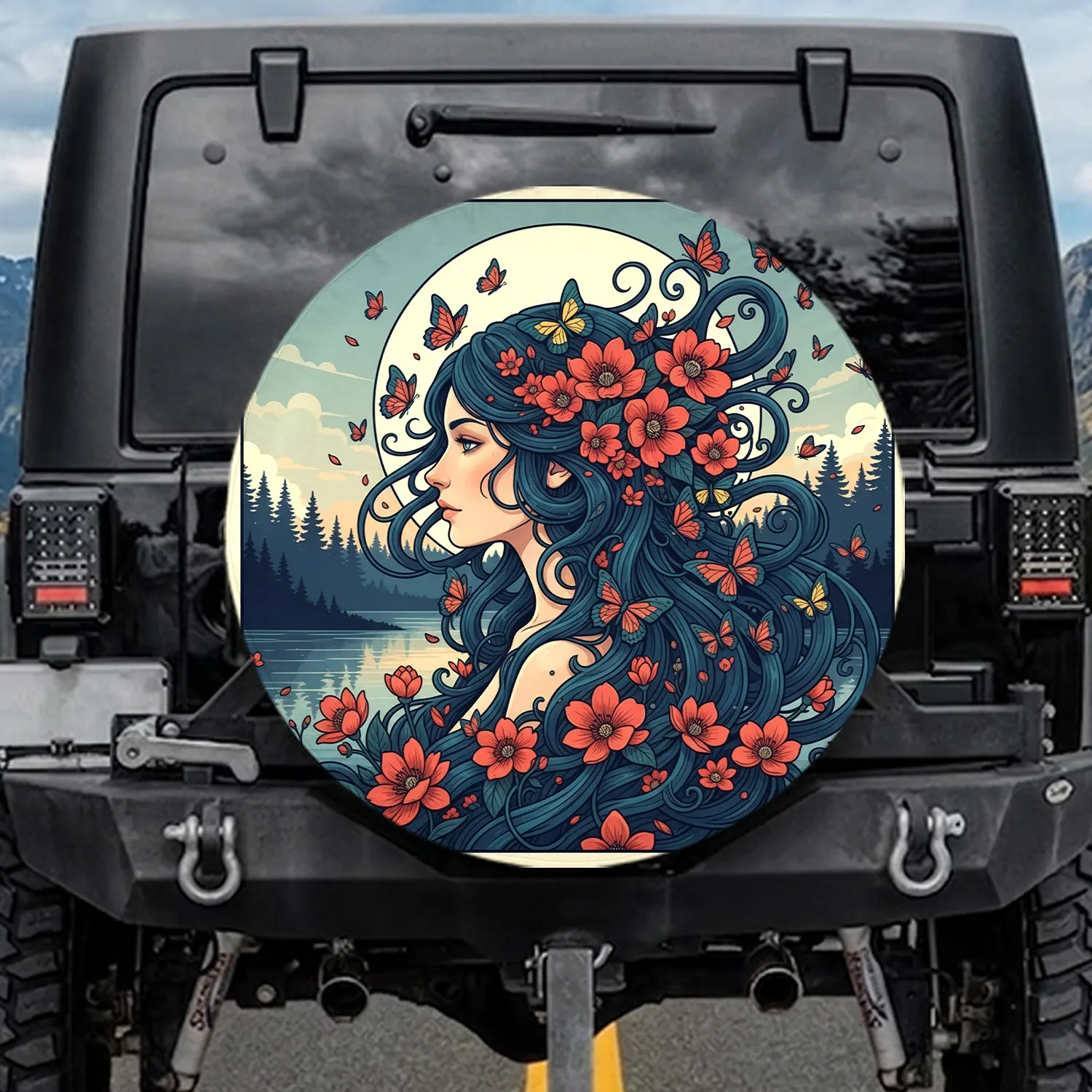 Woman Profile Hair Flowers Butterflies Moon Forest - Twilight Landscape Gift Spare Tire Cover - 1