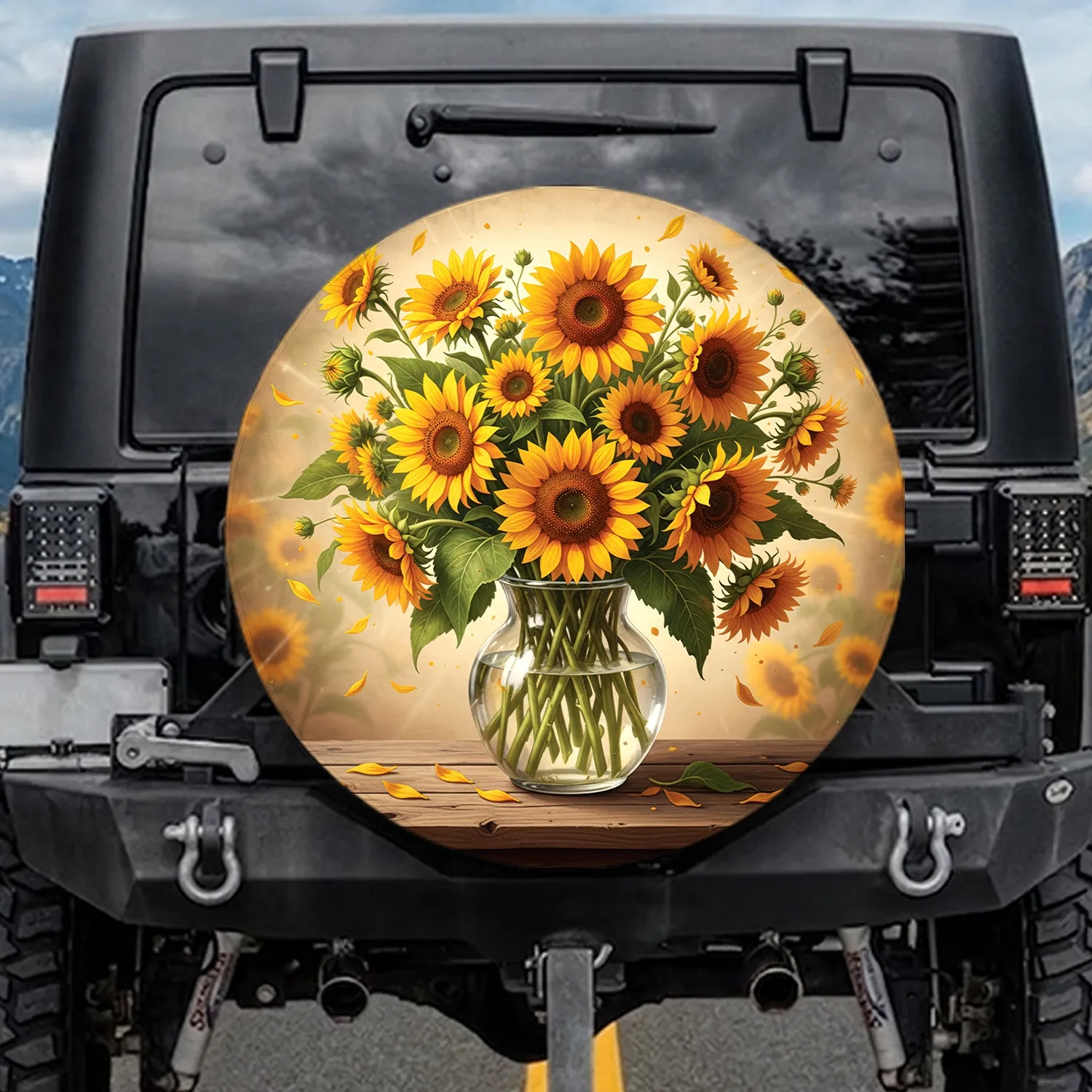 Sunflowers Vase Rustic Wood Table - Farmhouse Decor Gift for Garden Lover Spare Tire Cover - 1