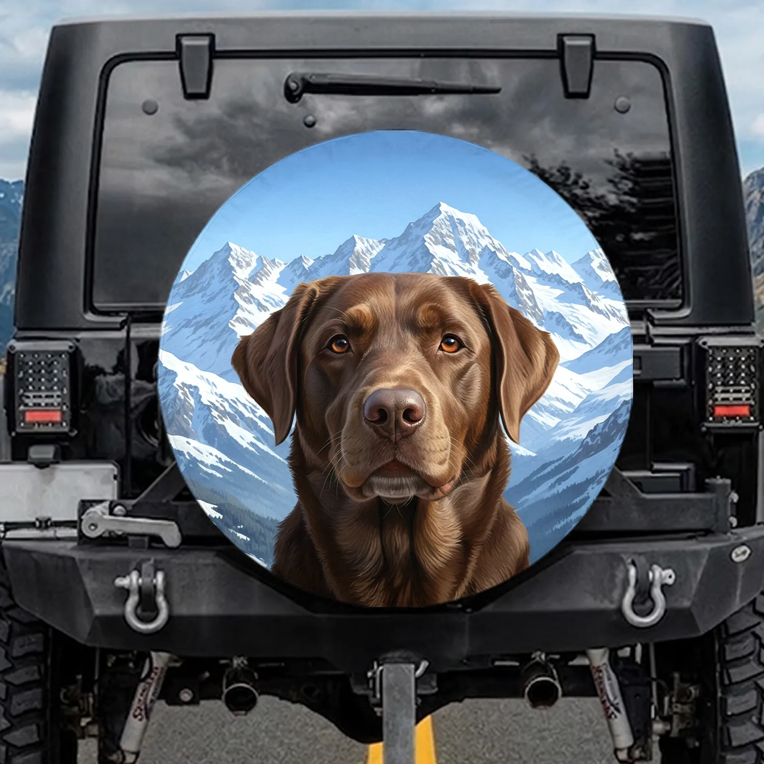 Friendly Chocolate Labrador Portrait Majestic Mountain Vista - Dog Lover Gift Spare Tire Cover - 1
