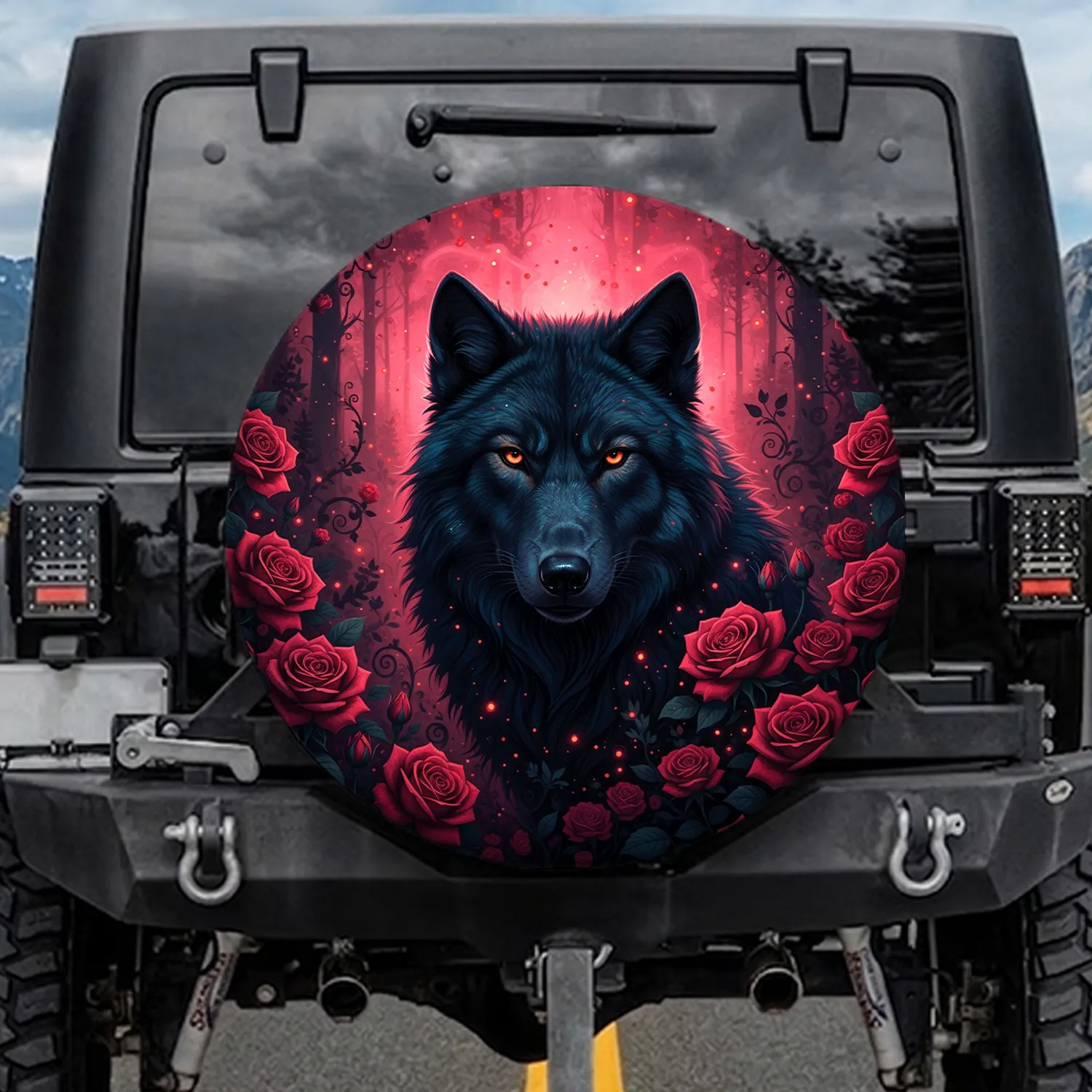 Black Wolf Luminous Eyes Crimson Rose Forest Embers Mist - Wolf Lover Home Decor Gift Spare Tire Cover - 1