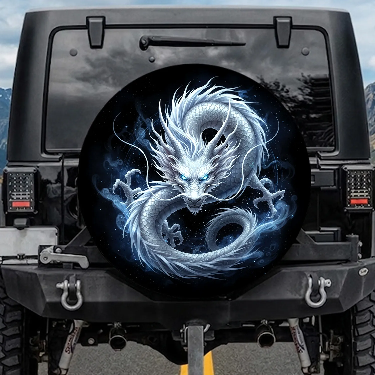 White Silver Oriental Dragon Cosmic Mists - Fantasy Decor Gift for Dragon Lover Spare Tire Cover - 1