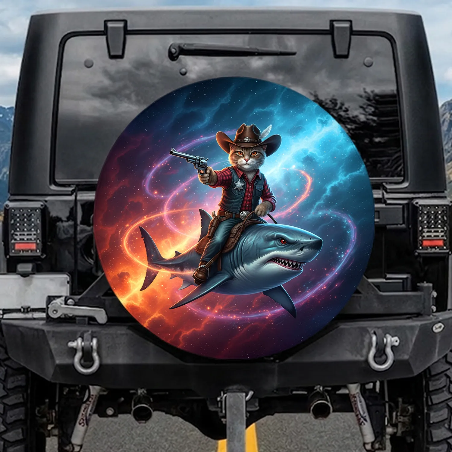 Cat Cowboy Sheriff Great White Shark - Adventure Seeker Gift Spare Tire Cover - 1