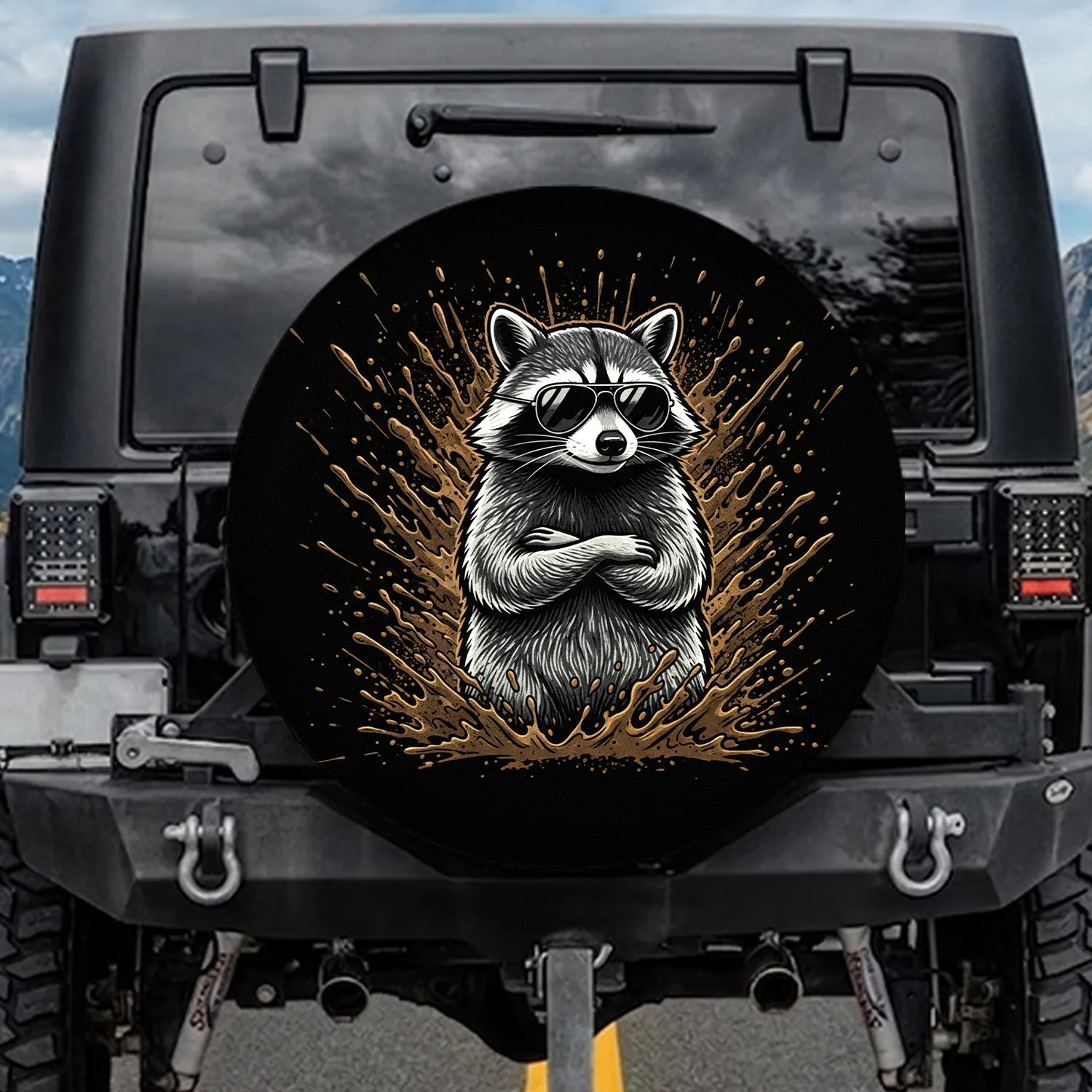 Raccoon with Aviator Sunglasses Mud Splatter - Adventure Lover Gift Spare Tire Cover - 1
